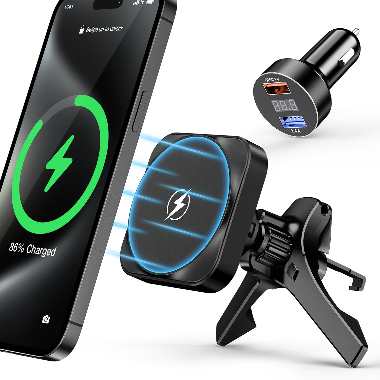 Tough On Magnetic Wireless Car Charger Mount with MagSafe 15W QC 3.0 Fast Car Charger