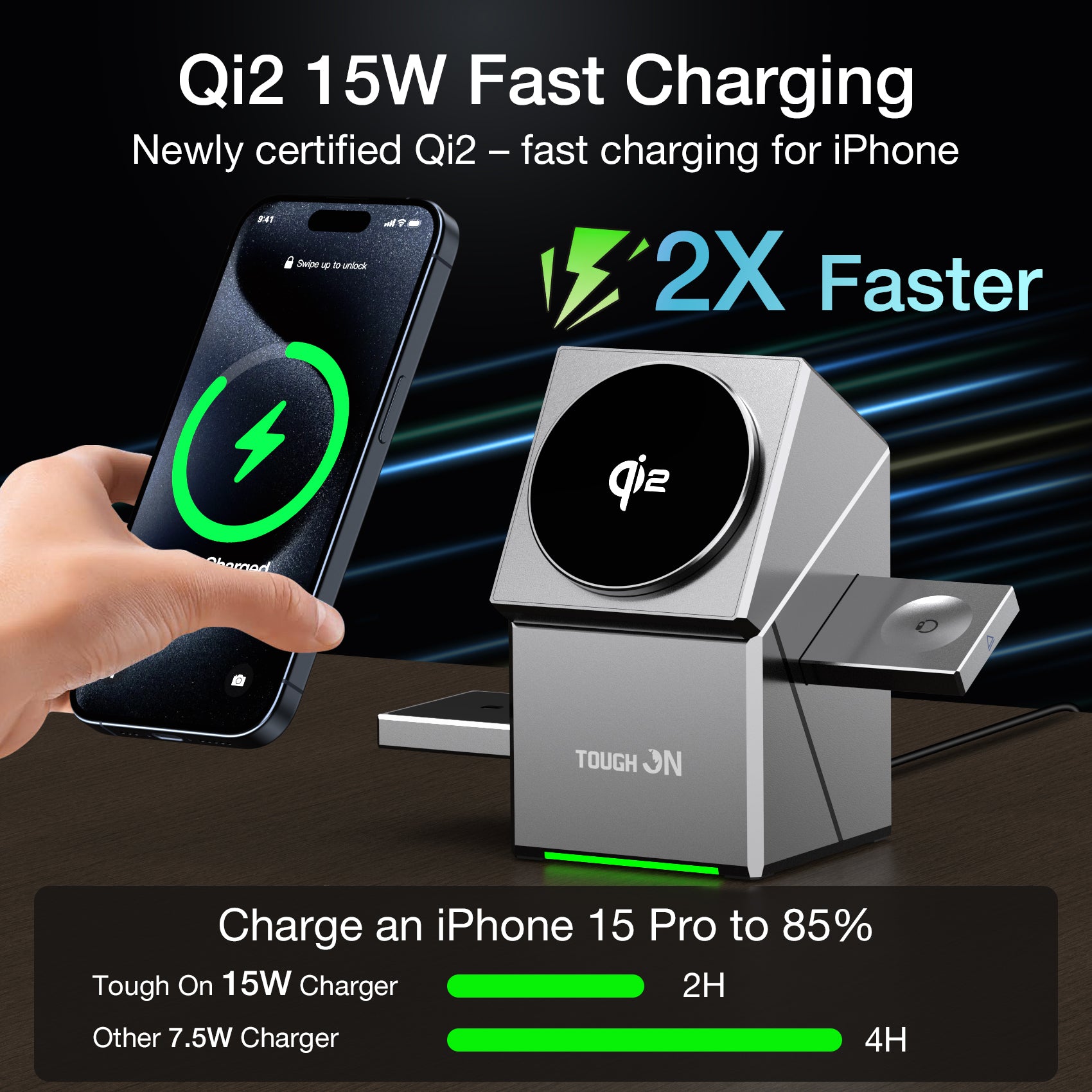 Tough On Qi2 3 in 1 Wireless Charger Auto-Rotating Compatible with MagSafe