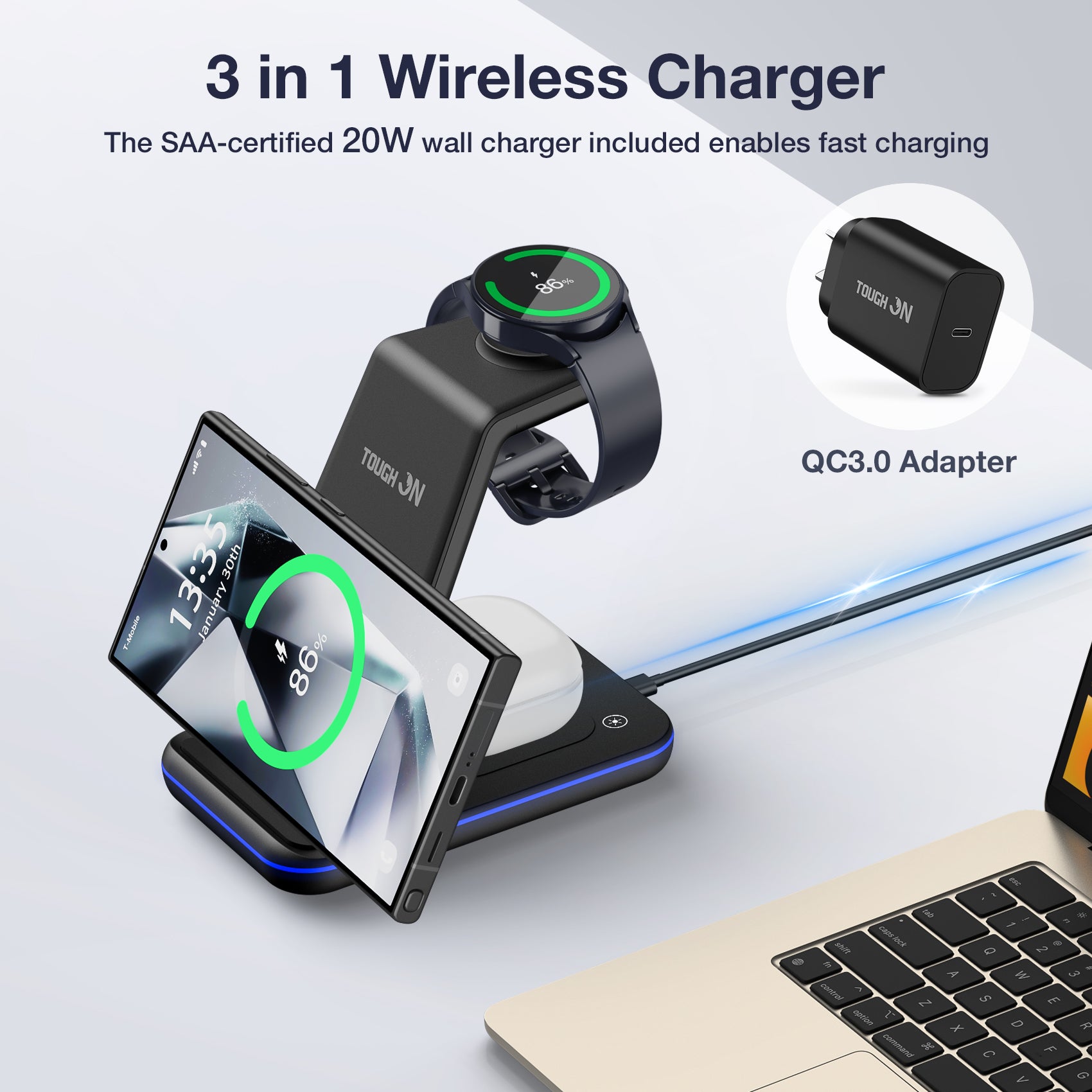 Tough On 3 in 1 Wireless Charger for Samsung Galaxy Phone Watch Earbuds