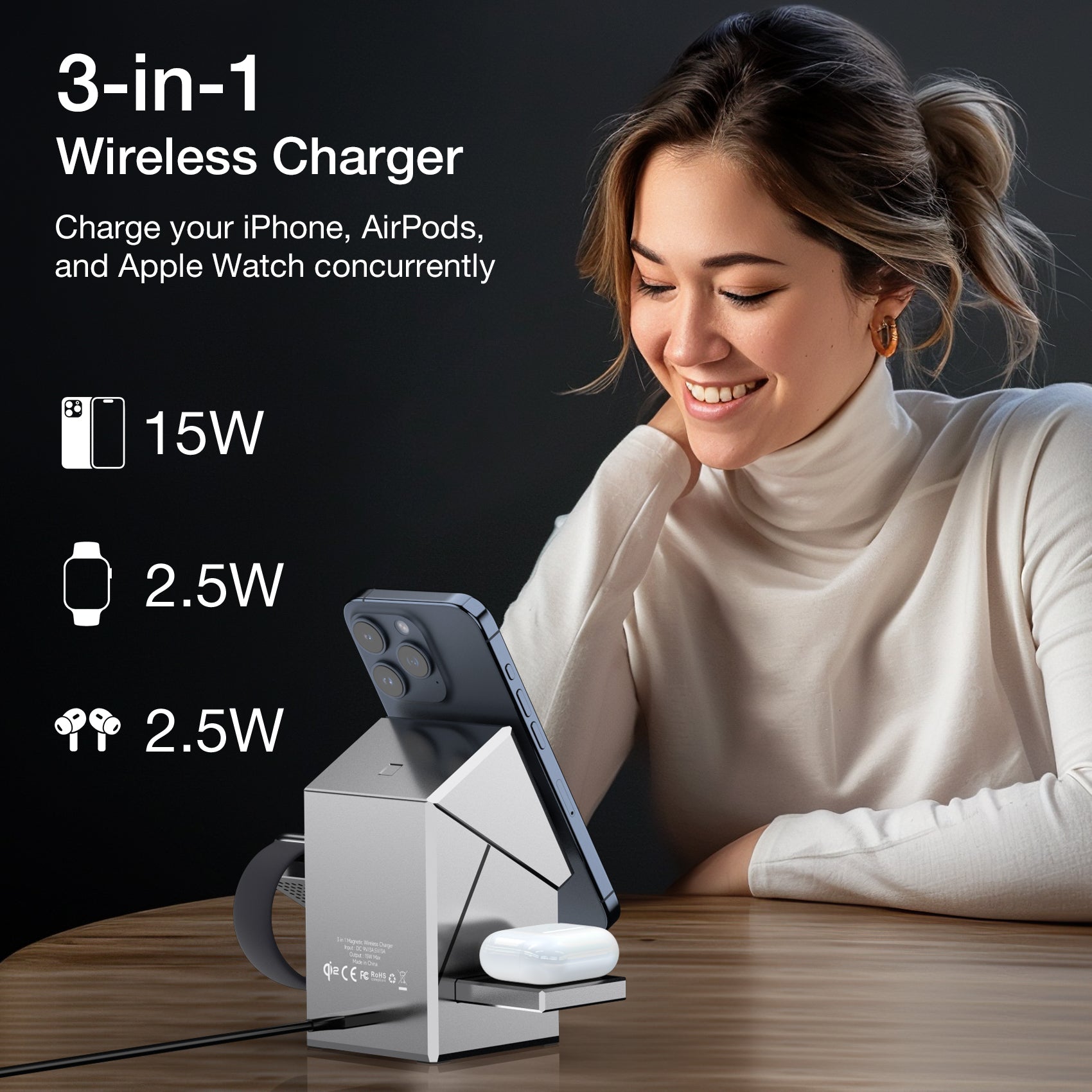 Tough On Qi2 3 in 1 Wireless Charger Auto-Rotating Compatible with MagSafe