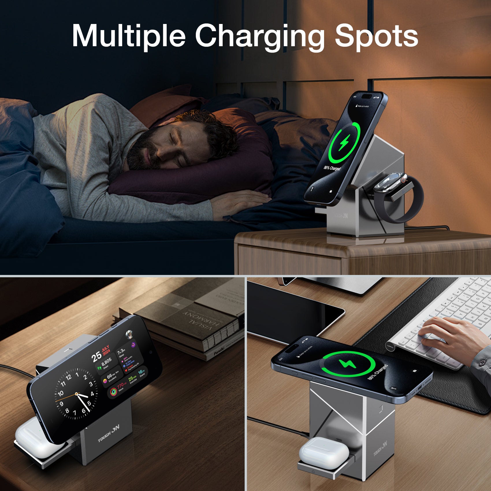 Tough On Qi2 3 in 1 Wireless Charger Auto-Rotating Compatible with MagSafe