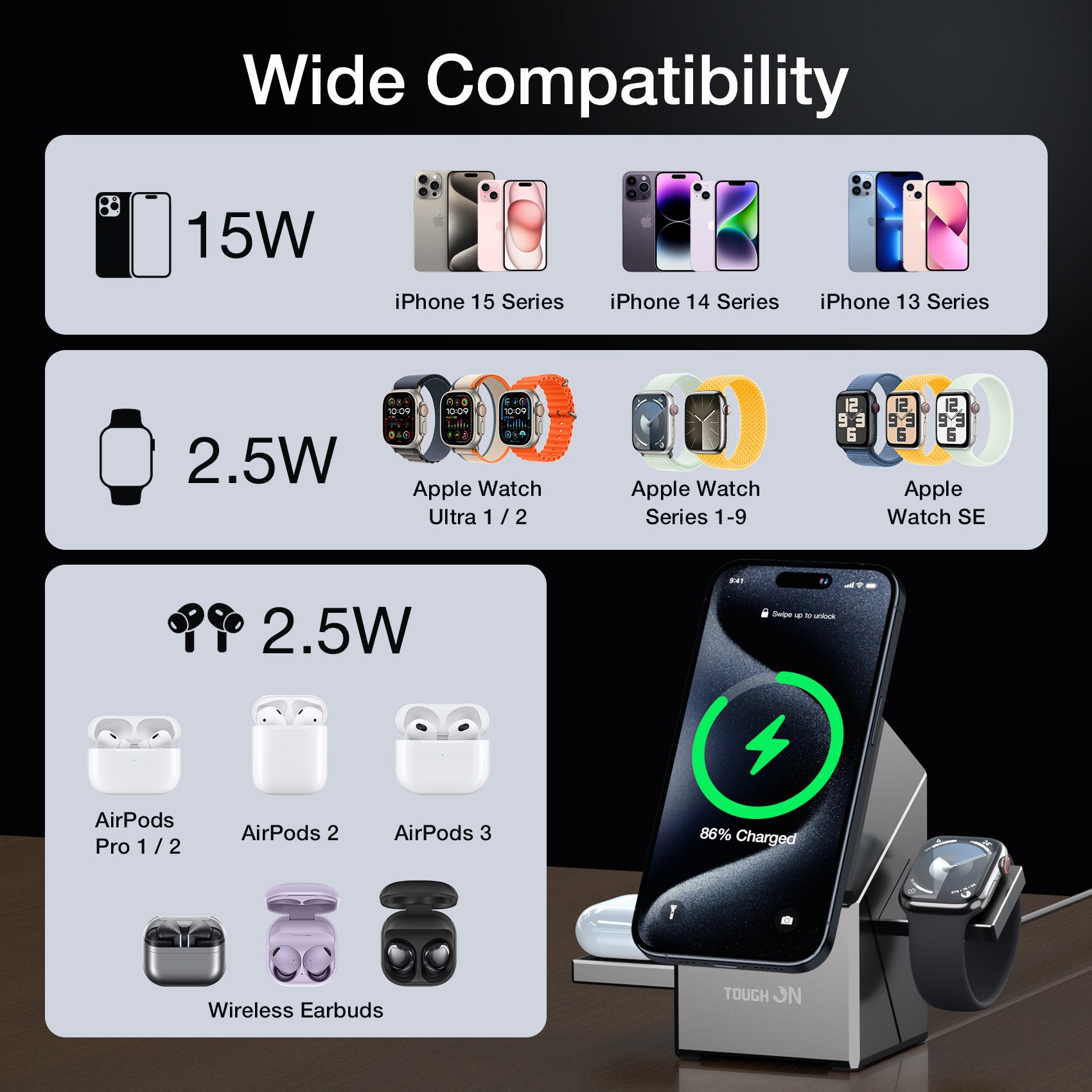 Tough On Qi2 3 in 1 Wireless Charger Auto-Rotating Compatible with MagSafe