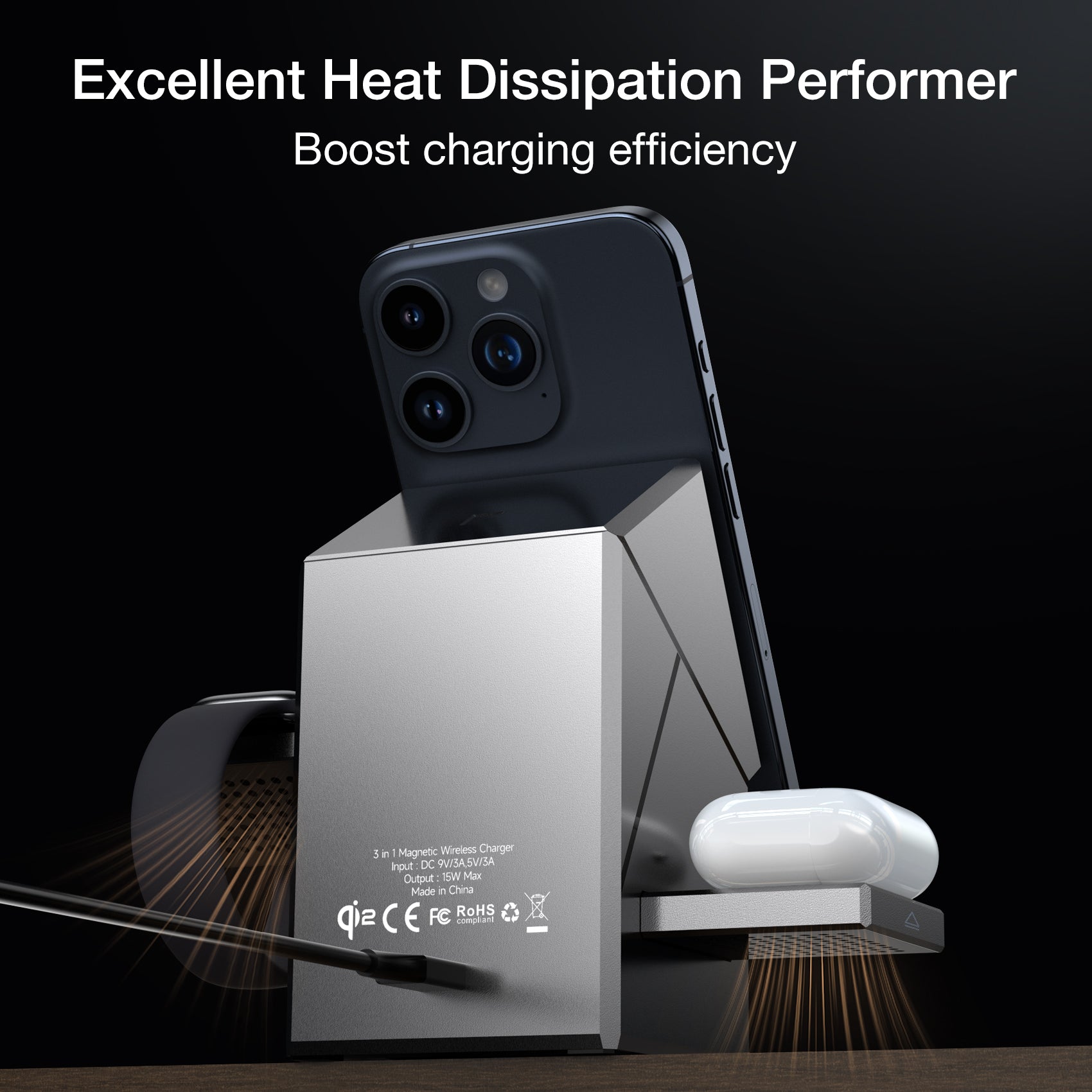 Tough On Qi2 3 in 1 Wireless Charger Auto-Rotating Compatible with MagSafe