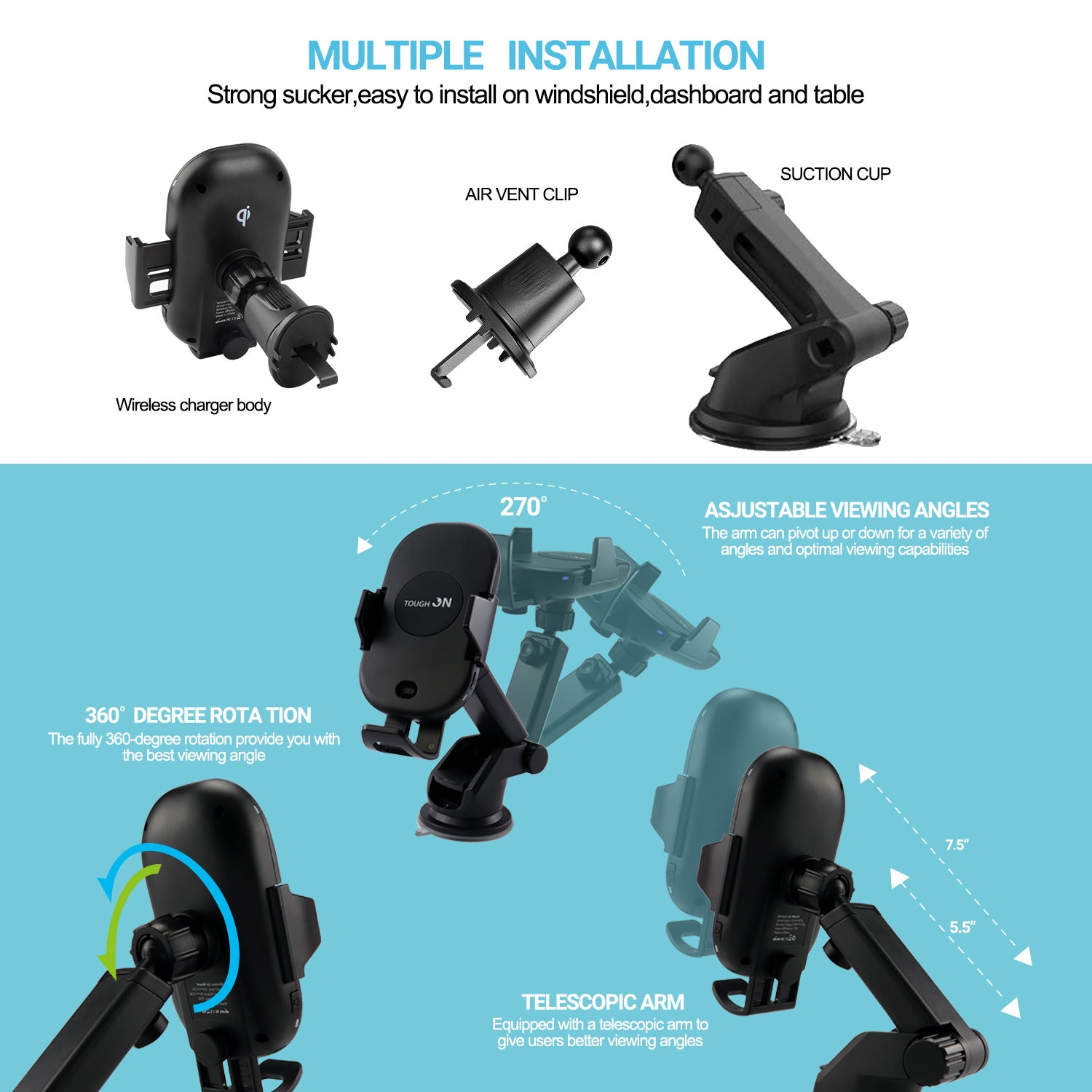 Tough On 15W Automatic Wireless Car Charging Mount