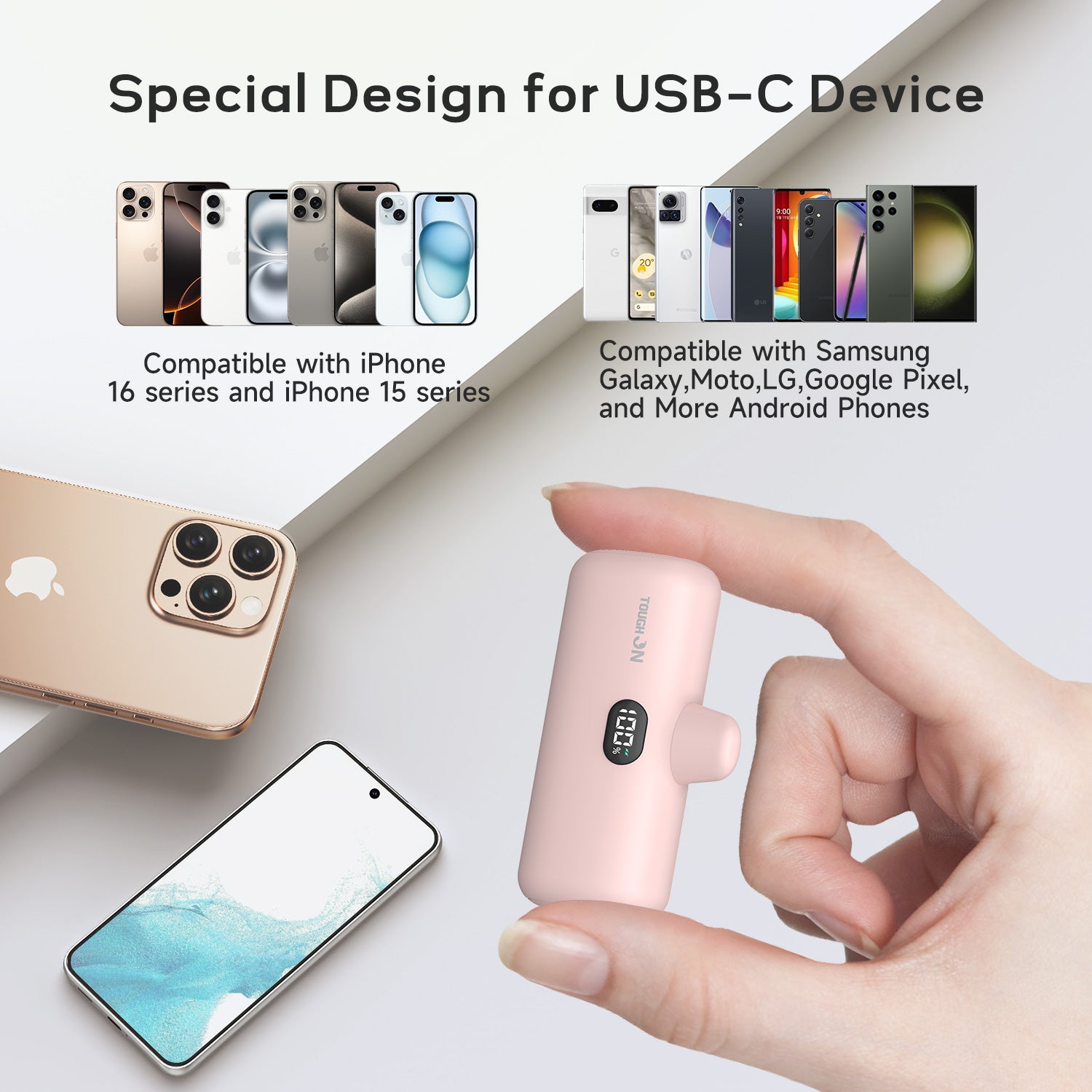 Tough On Mini Portable Charger 5000mAh Power Bank USB C Charging for Samsung Android iPhone 15 / 16 / 17 Series