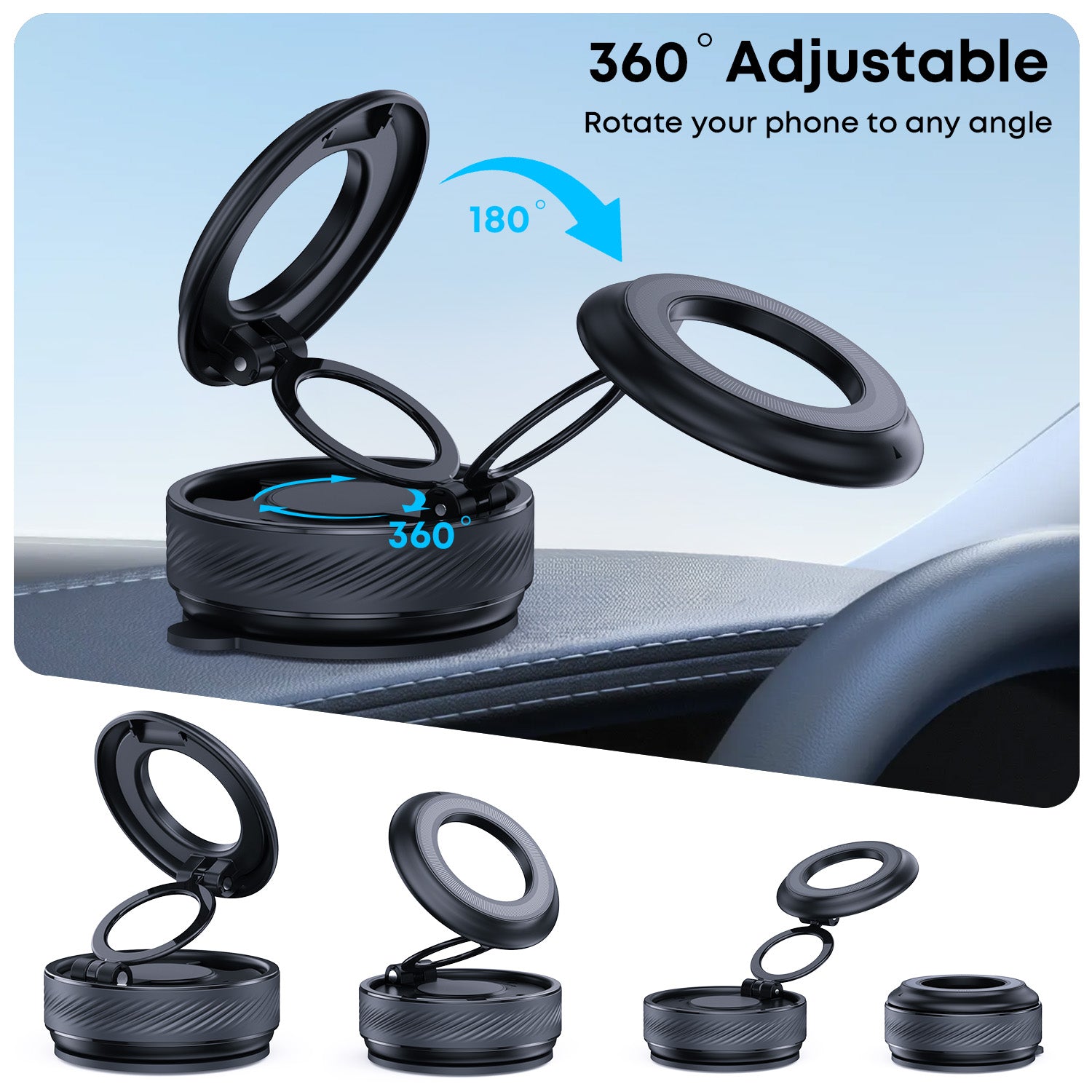 360° Adjustable Car Mount Magnetic Phone Holder with Vacuum Suction Black