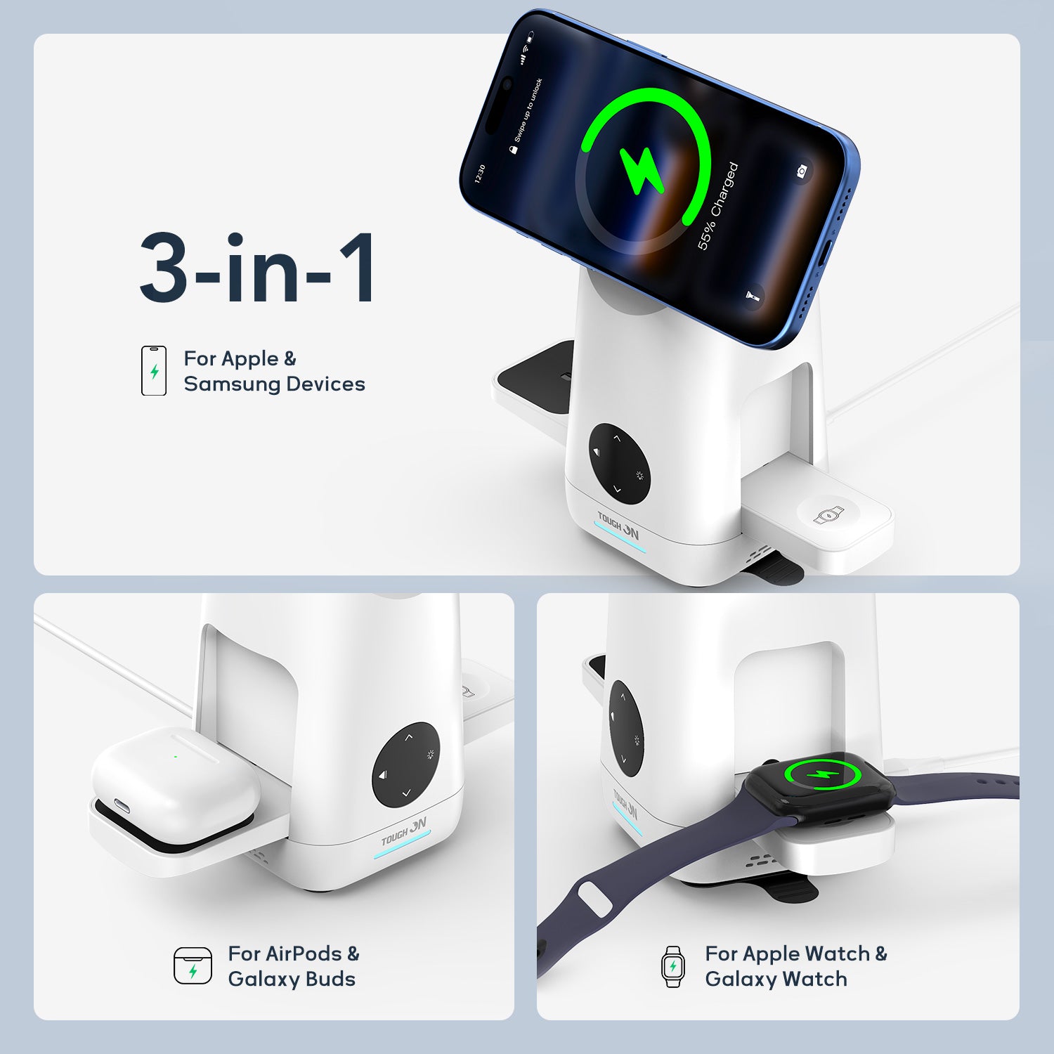 Tough On MagMax Qi2 3-in-1 Wireless Charger with Smart Infrared Sensor Rotation