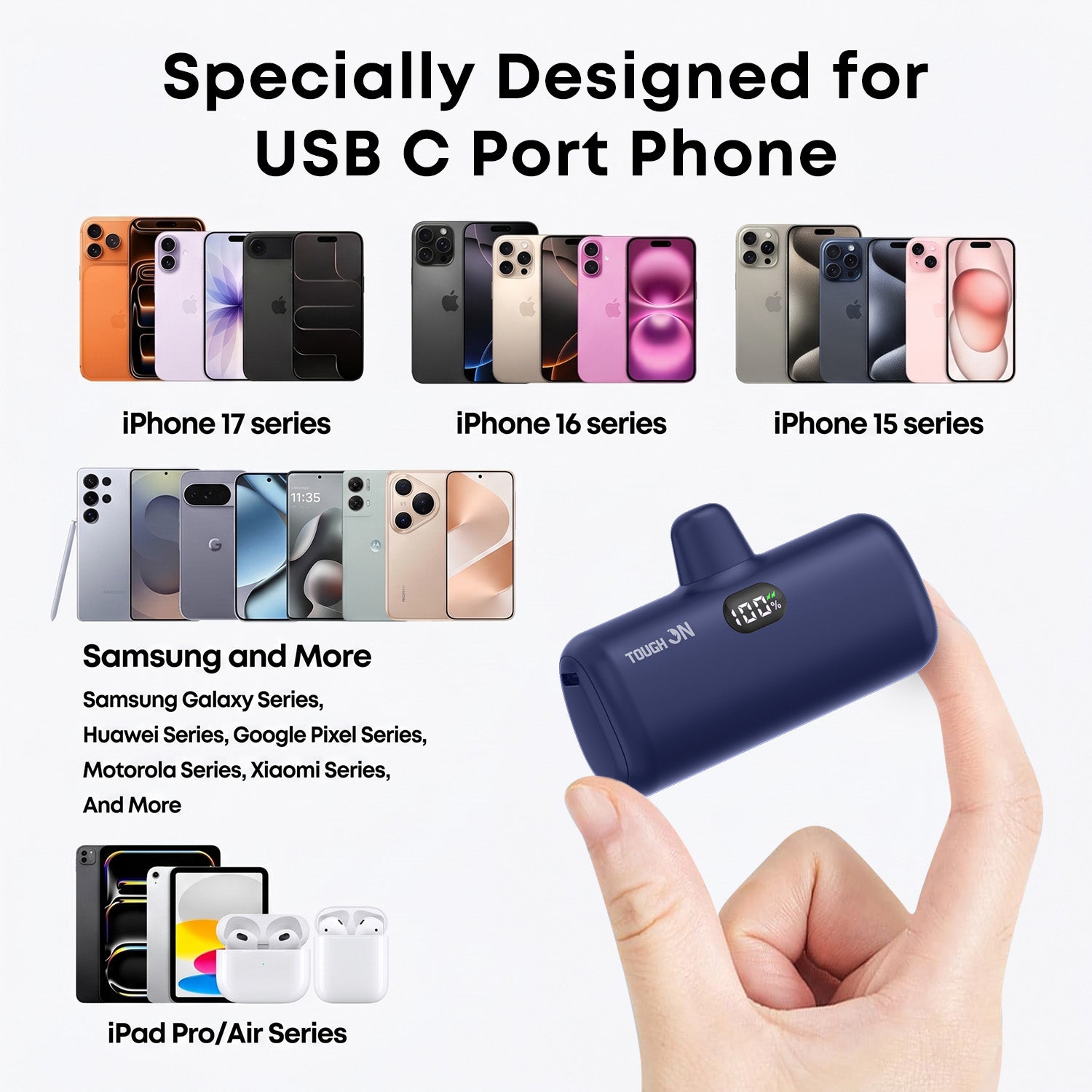 Tough On Mini Portable Charger 5000mAh Power Bank USB C Charging for Samsung Android iPhone 15 / 16 / 17 Series
