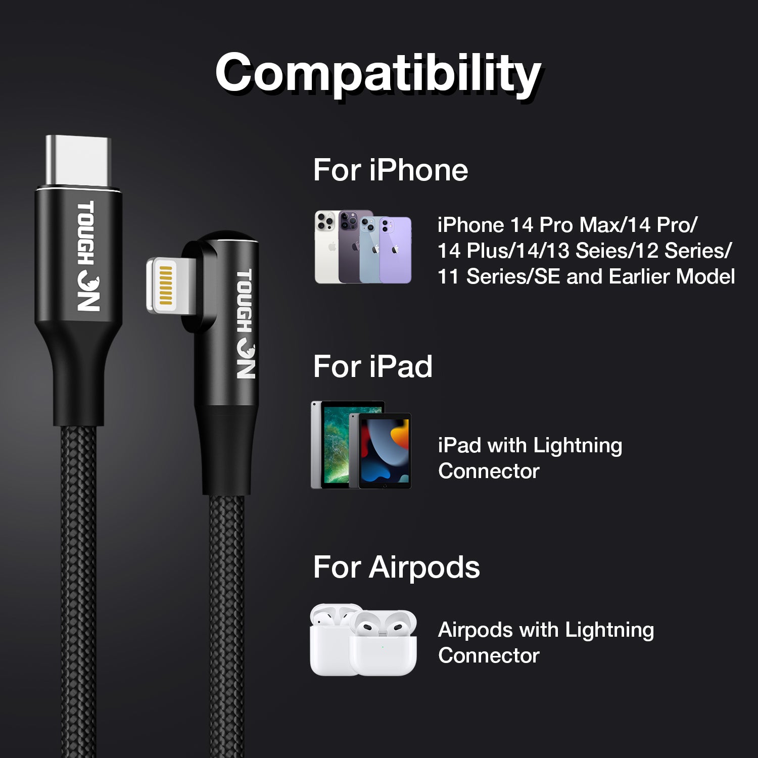 Tough On USB C to Lightning Cable 24W Right Angle Lightning Fast Charging Cable