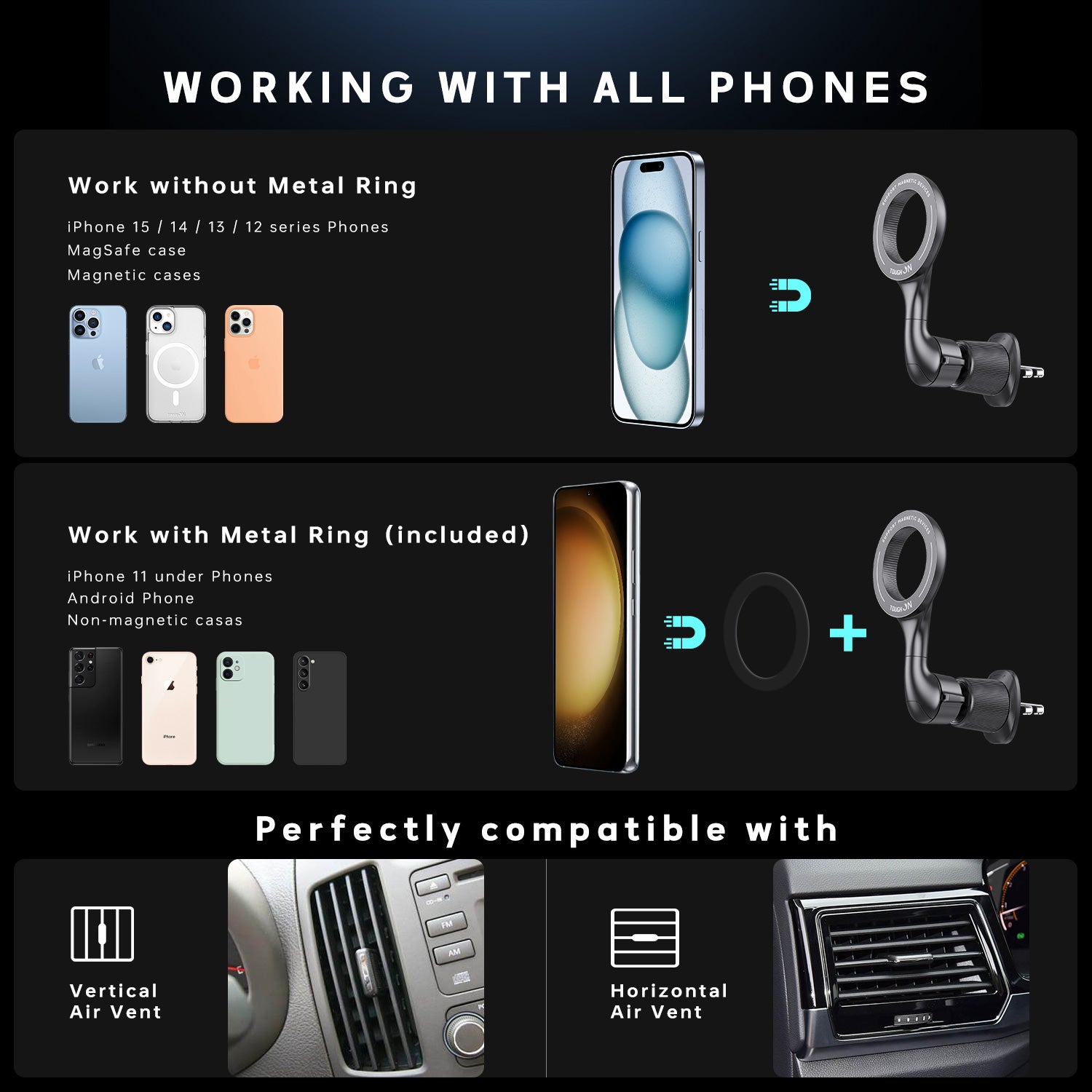 2 Pack Tough On MagSafe Car Mount Magnetic Phone Holder for Car Air Vent