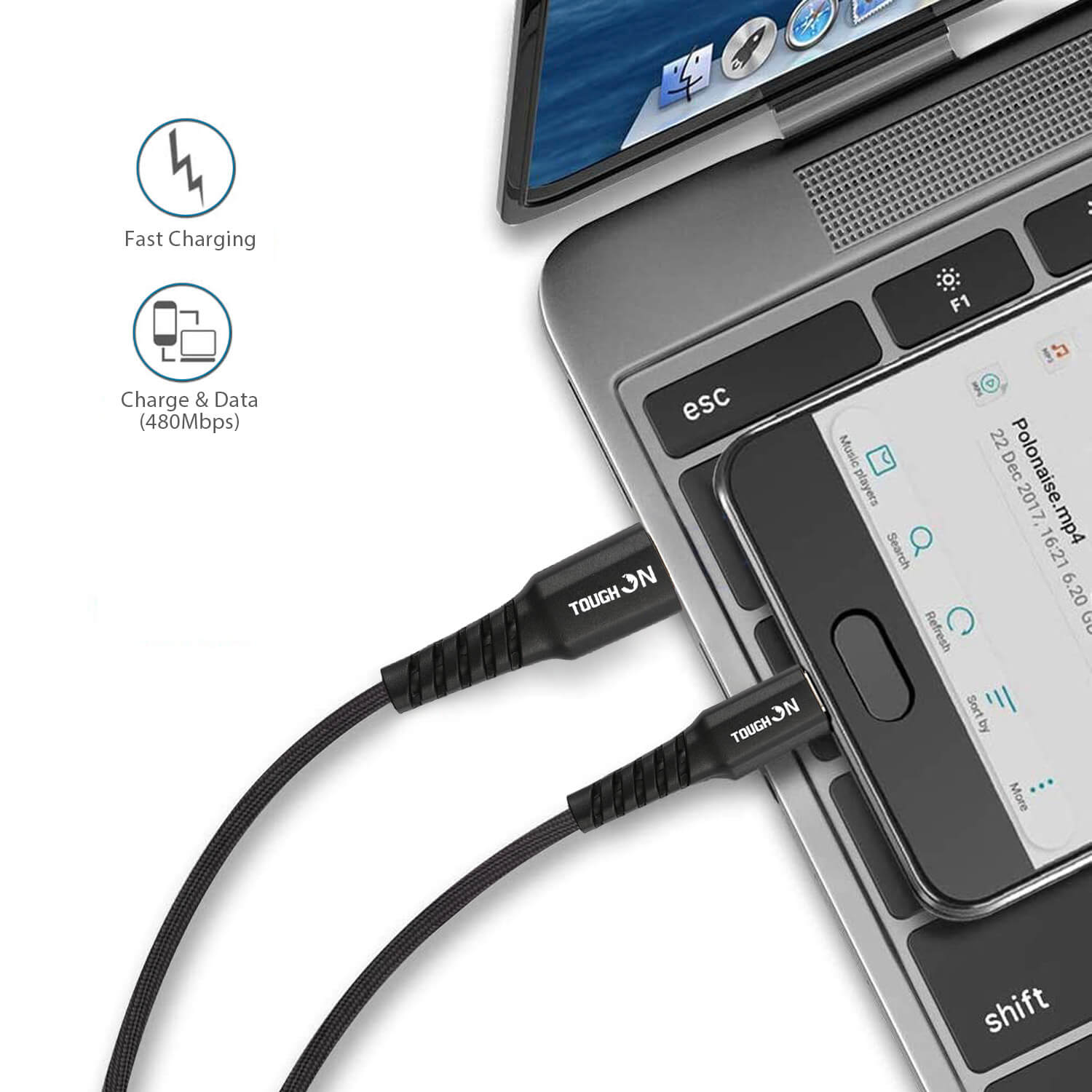 Tough on USB A to USB C Charger Cable 1m Black