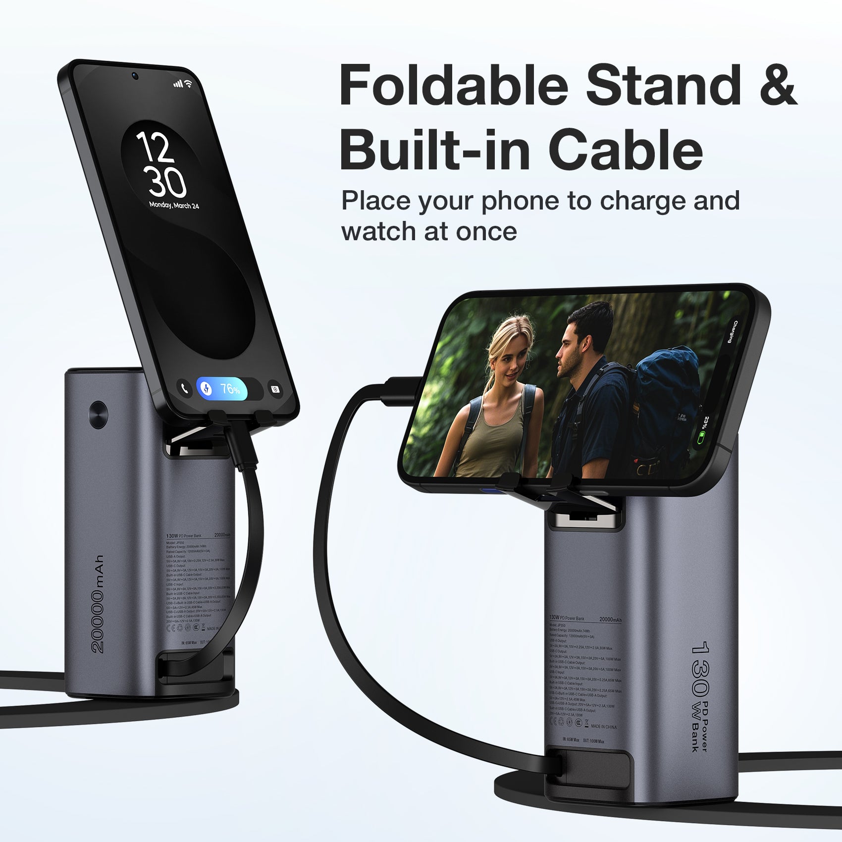 Tough On 130W 20000mAh Power Bank with Retractable Built-in Cable & Stand