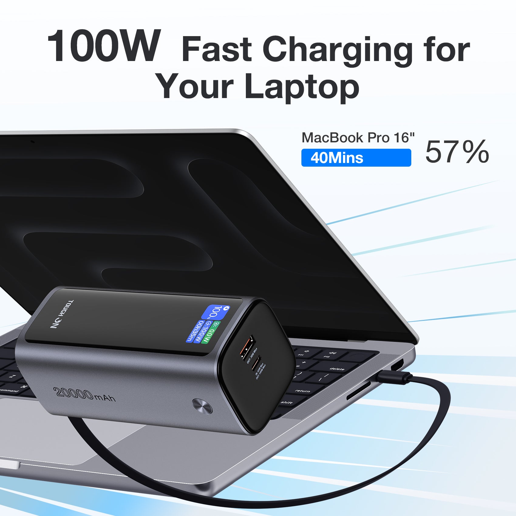 Tough On 130W 20000mAh Power Bank with Retractable Built-in Cable & Stand