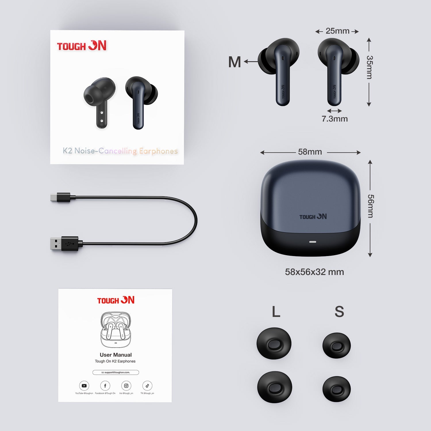 Tough On K2 Noise Cancelling Earbuds with Adaptive ANC
