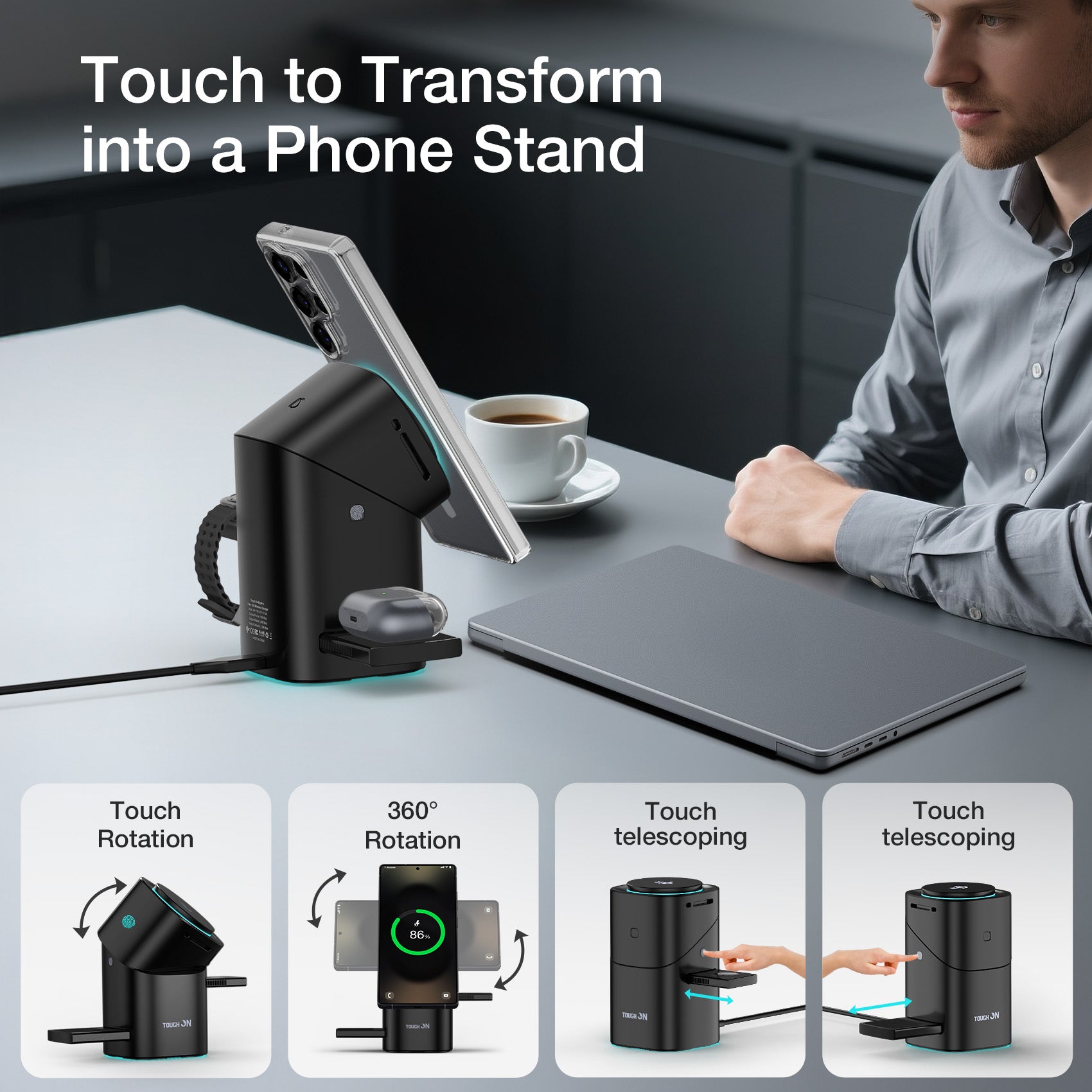 Tough On MagPro QI2 3-in-1 Wireless Charger for Samsung Galaxy Phone Watch Earbuds