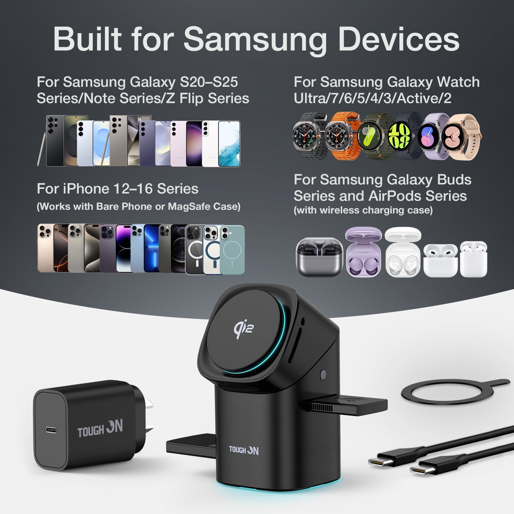 Tough On MagPro QI2 3-in-1 Wireless Charger for Samsung Galaxy Phone Watch Earbuds
