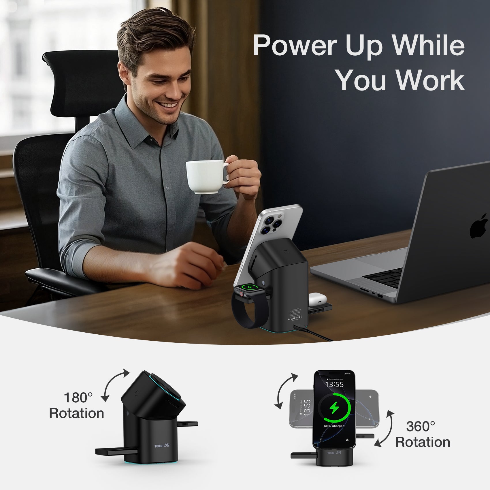Tough On MagPro Qi2 3-in-1 Wireless Charger for Apple iPhone Watch AirPods
