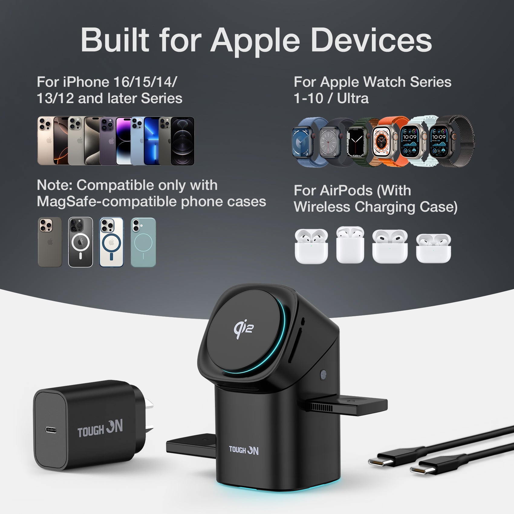 Tough On MagPro Qi2 3-in-1 Wireless Charger for Apple iPhone Watch AirPods