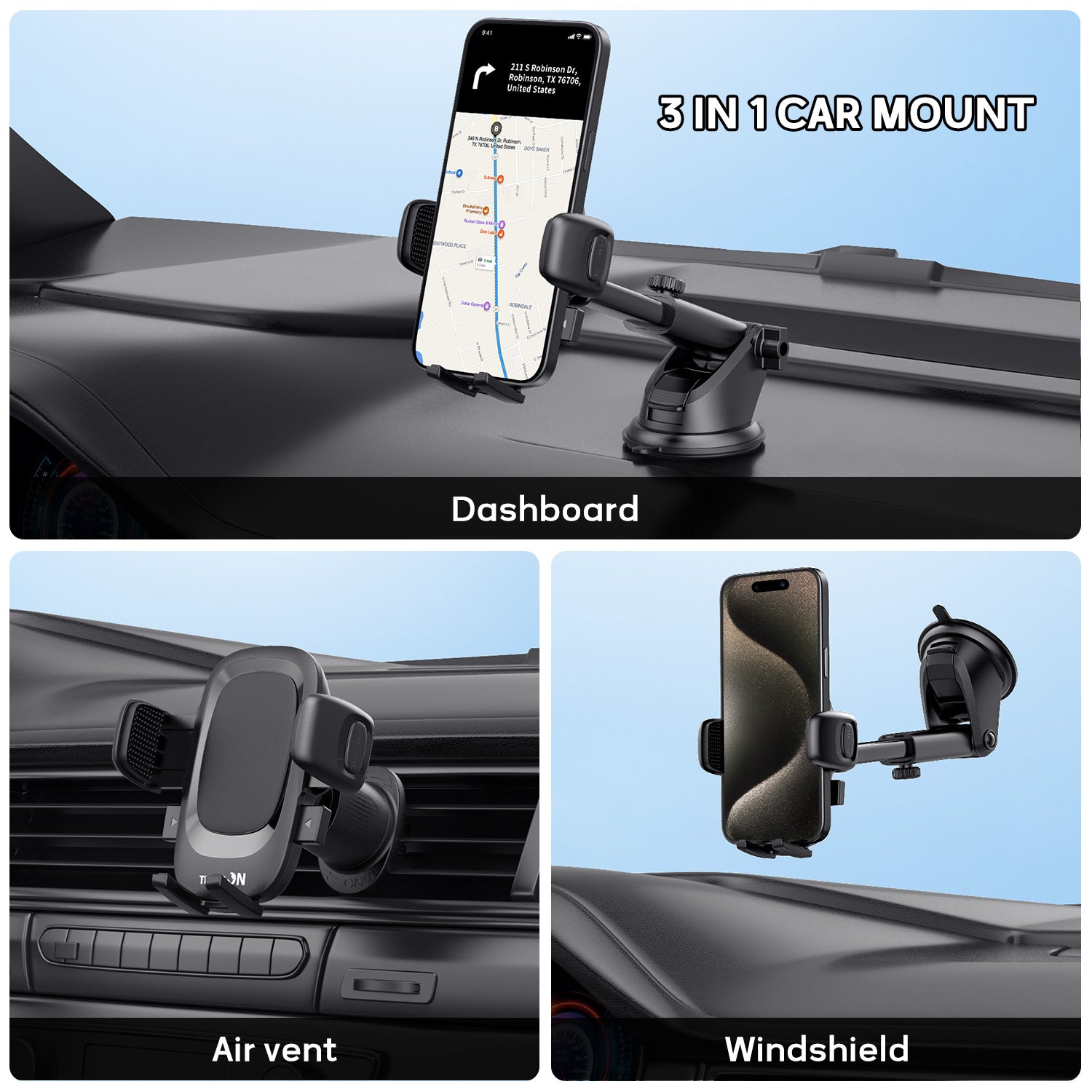 Tough On Universal 3 in 1 Car Mount Holder for Dashboard Air Vent Windshield