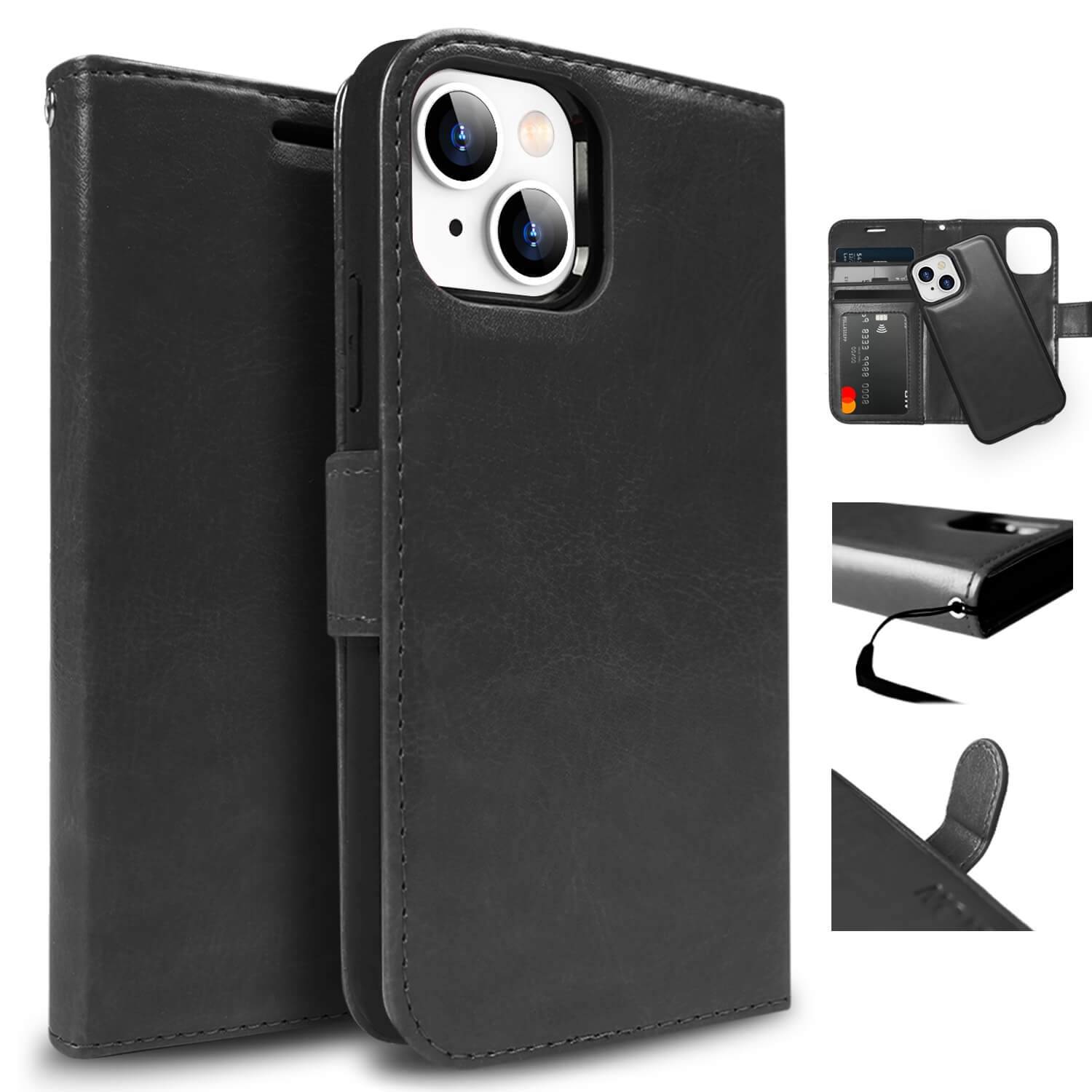 Tough On iPhone 15 Case Magnetic Detachable Leather Black