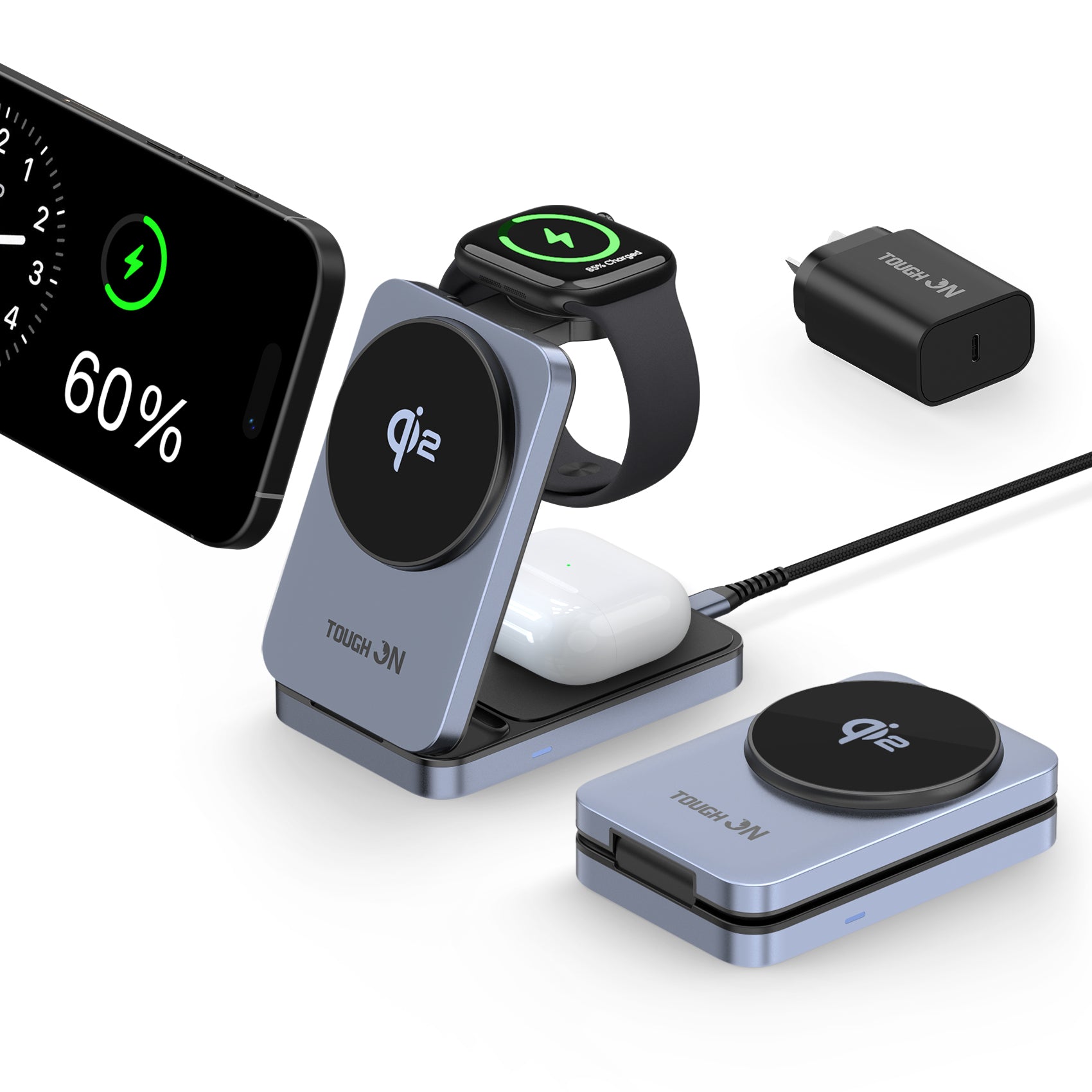 Tough On MagFold Qi2 3-in-1 Wireless Charger Foldable Compatible with MagSafe