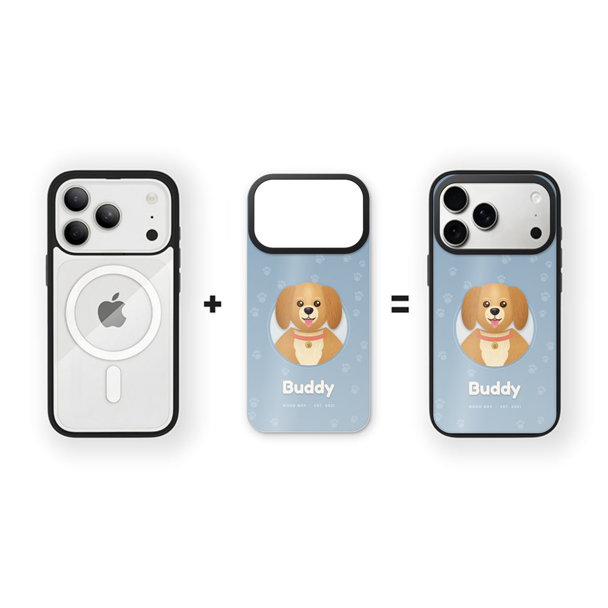 Custom skin iPhone case example: illustrated pet dog named Buddy on a pale blue paw print background