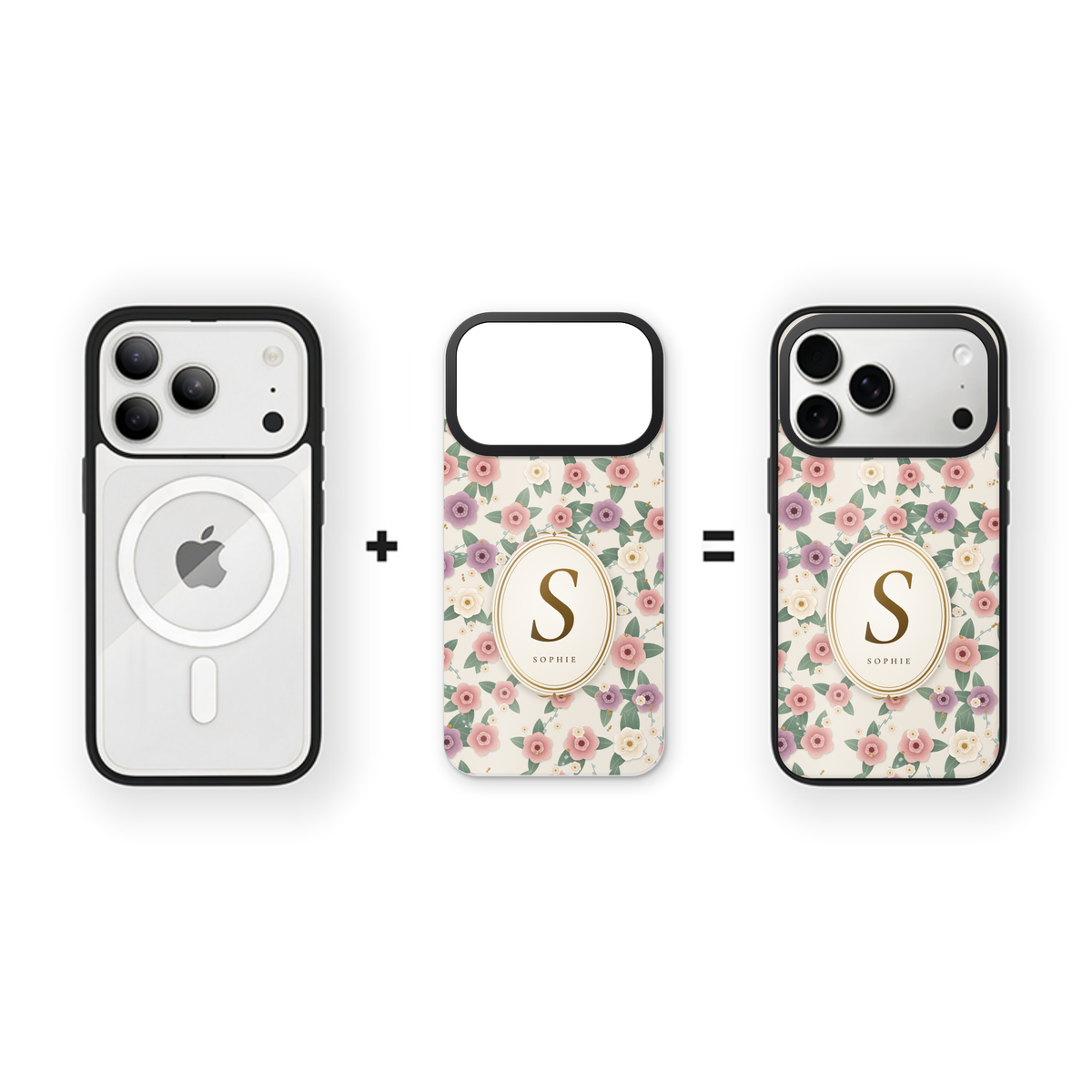 Custom skin iPhone case example: floral pattern with a gold S monogram for Sophie