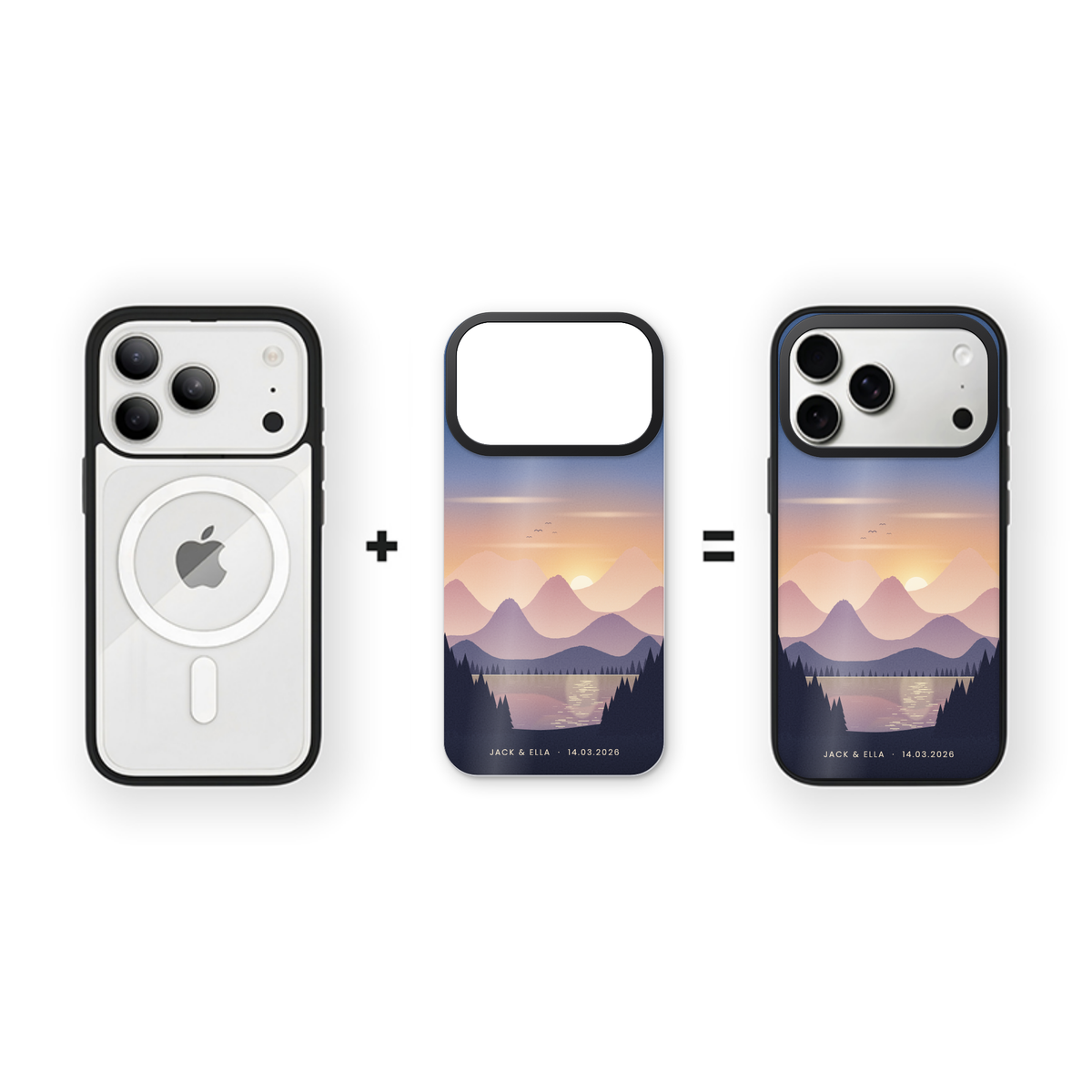 Custom skin iPhone case example: mountain lake sunset scene with names and a date