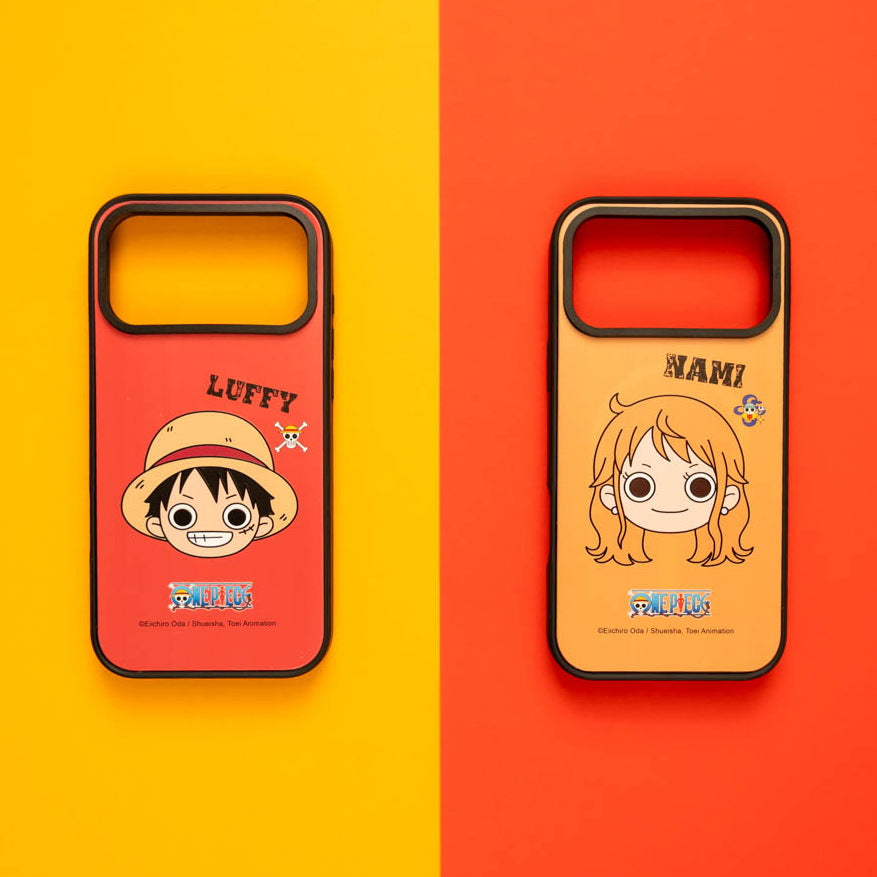 One Piece Luffy and Nami skins on MagSafe cases against a yellow and orange background