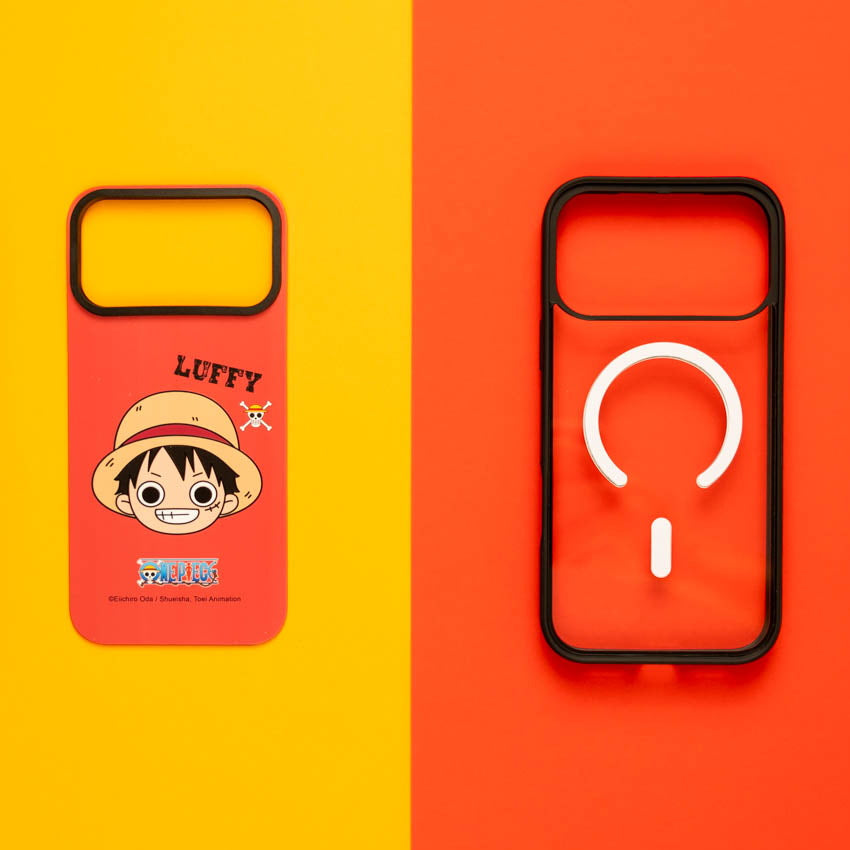 One Piece Luffy skin beside the clear MagSafe case it fits into