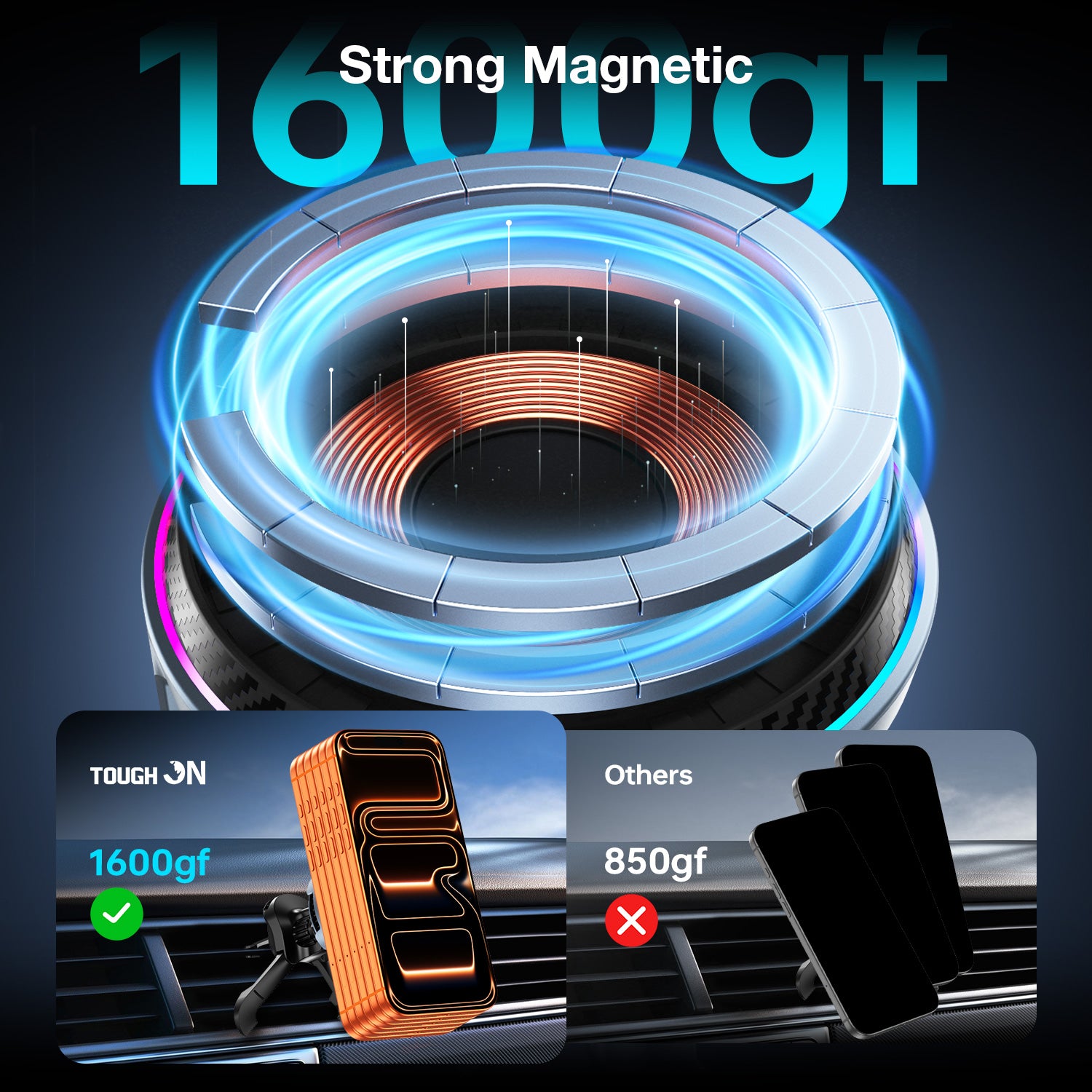 Magnetic wireless car charger with 1600g strong hold force for bumpy road driving