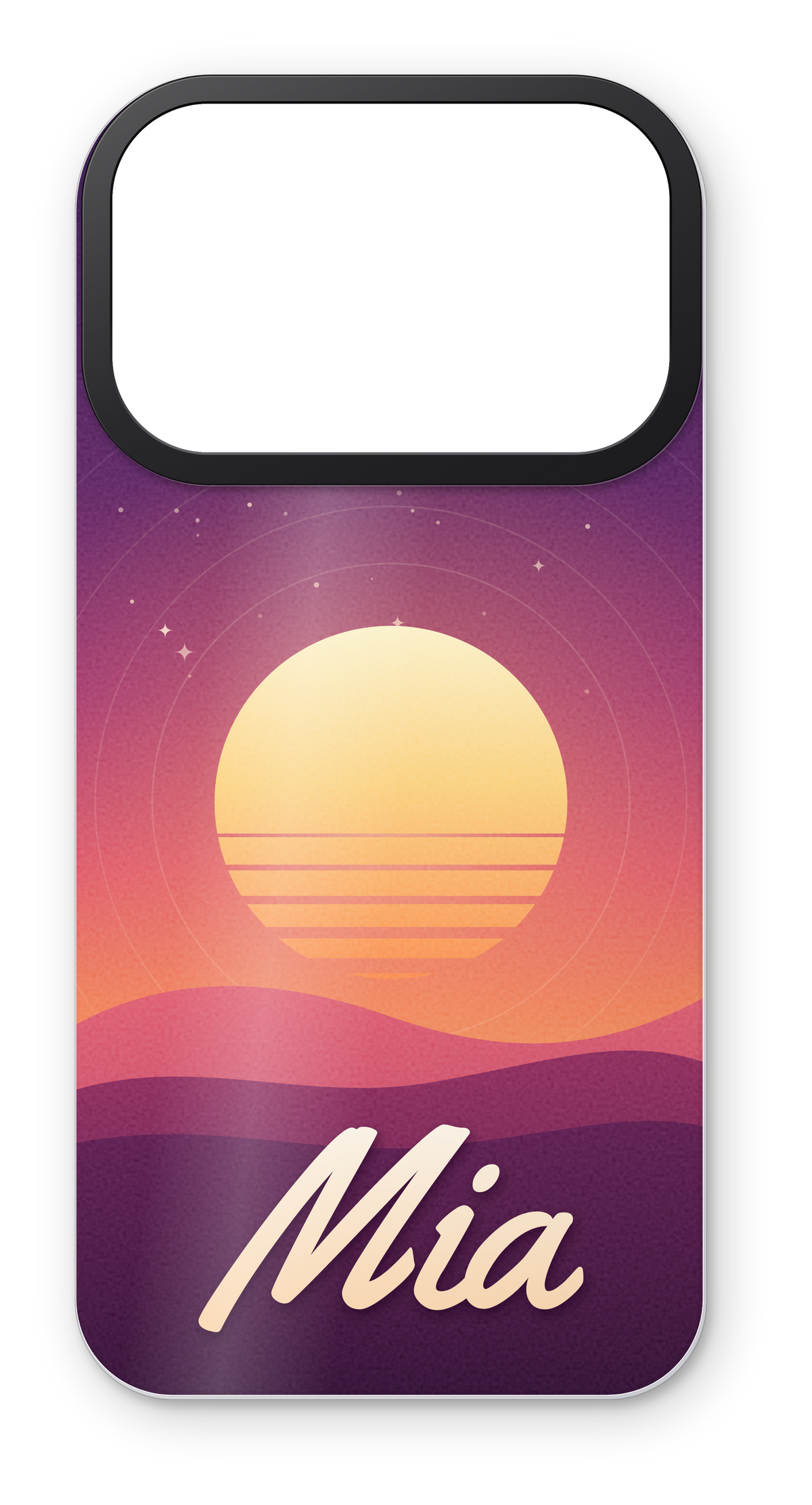 Custom printed skin example: purple sunset design with the name Mia