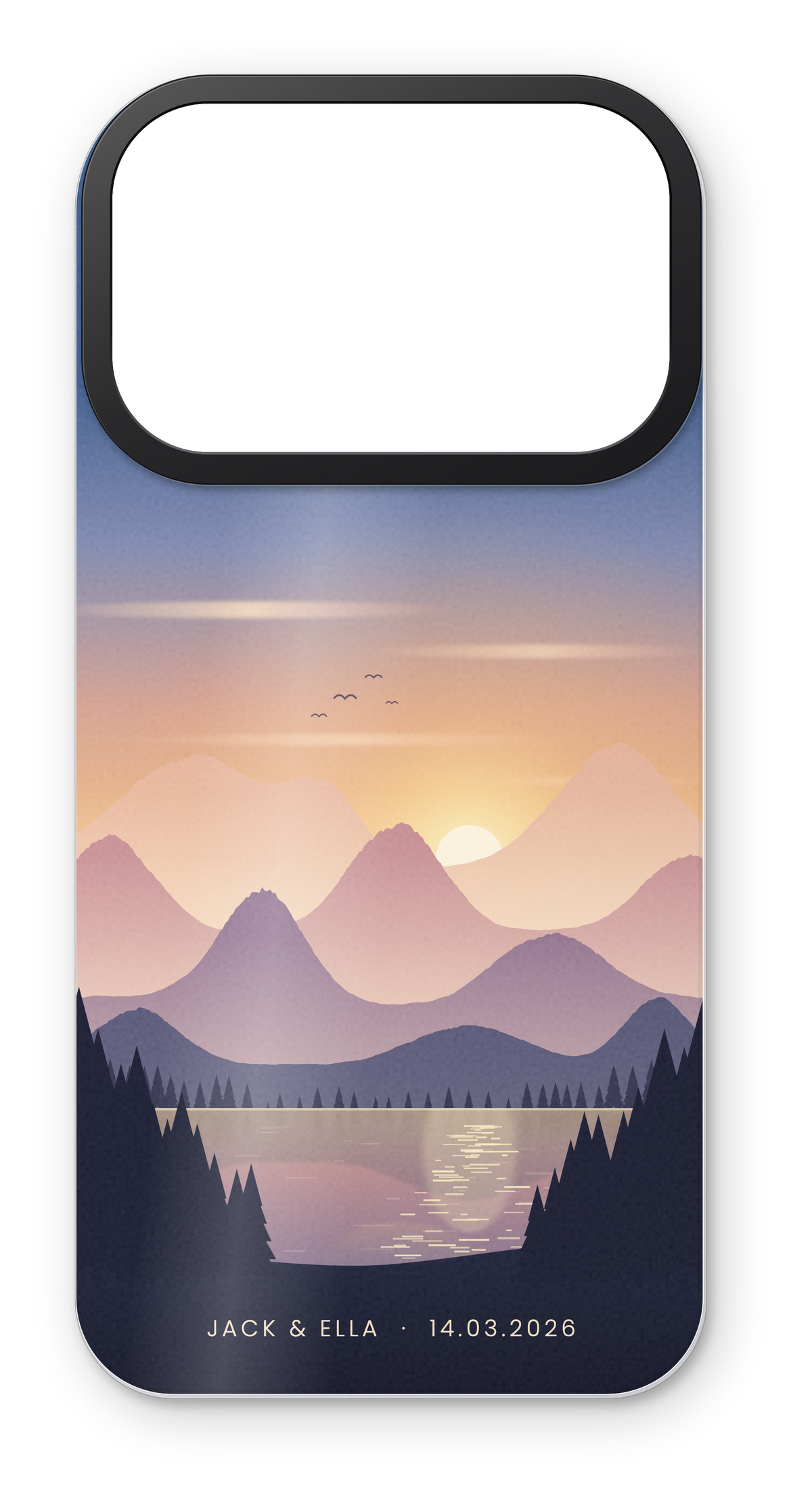 Custom printed skin example: mountain lake sunset scene with names and a date