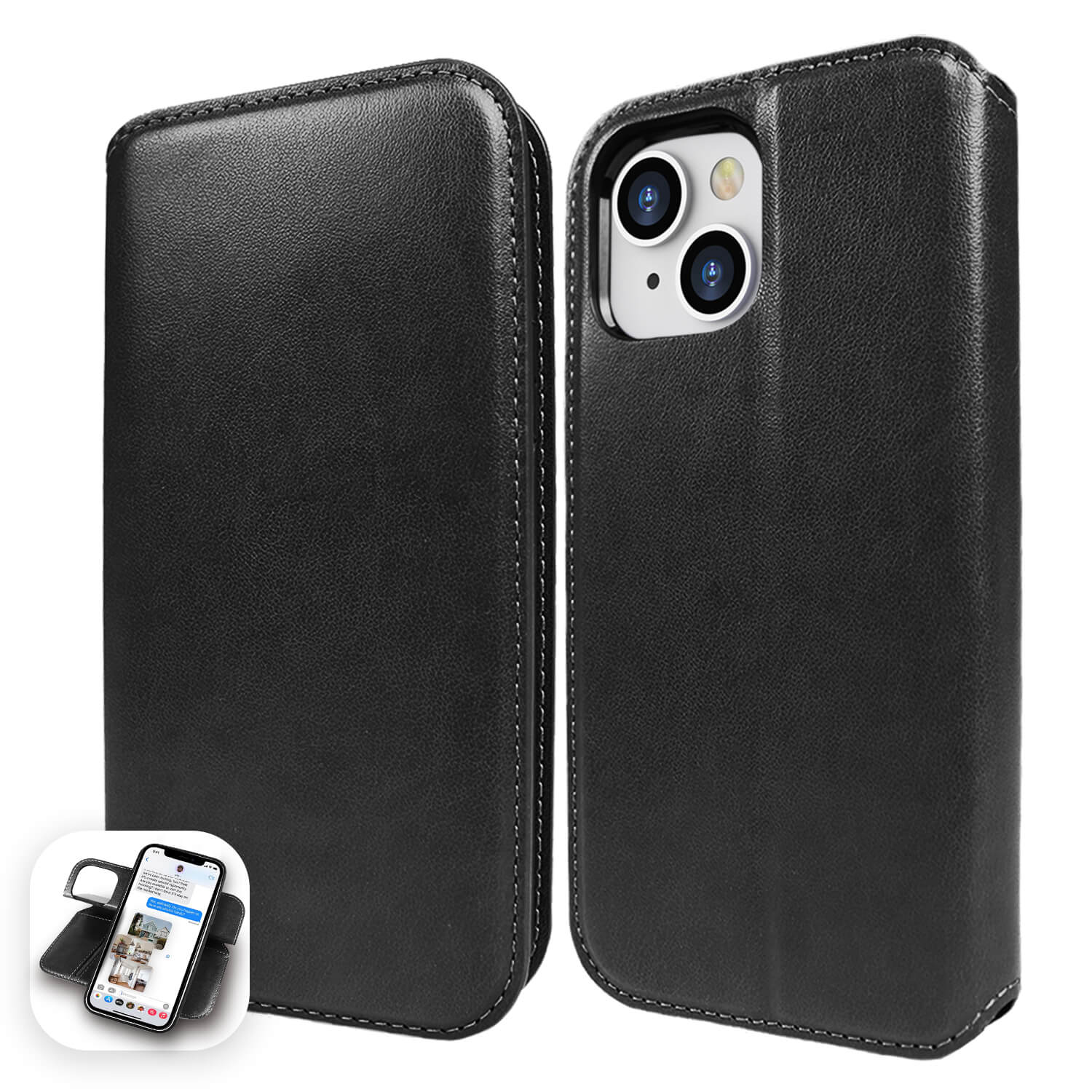 Tough On iPhone 14 Case Magnetic Fine Leather Detachable Black