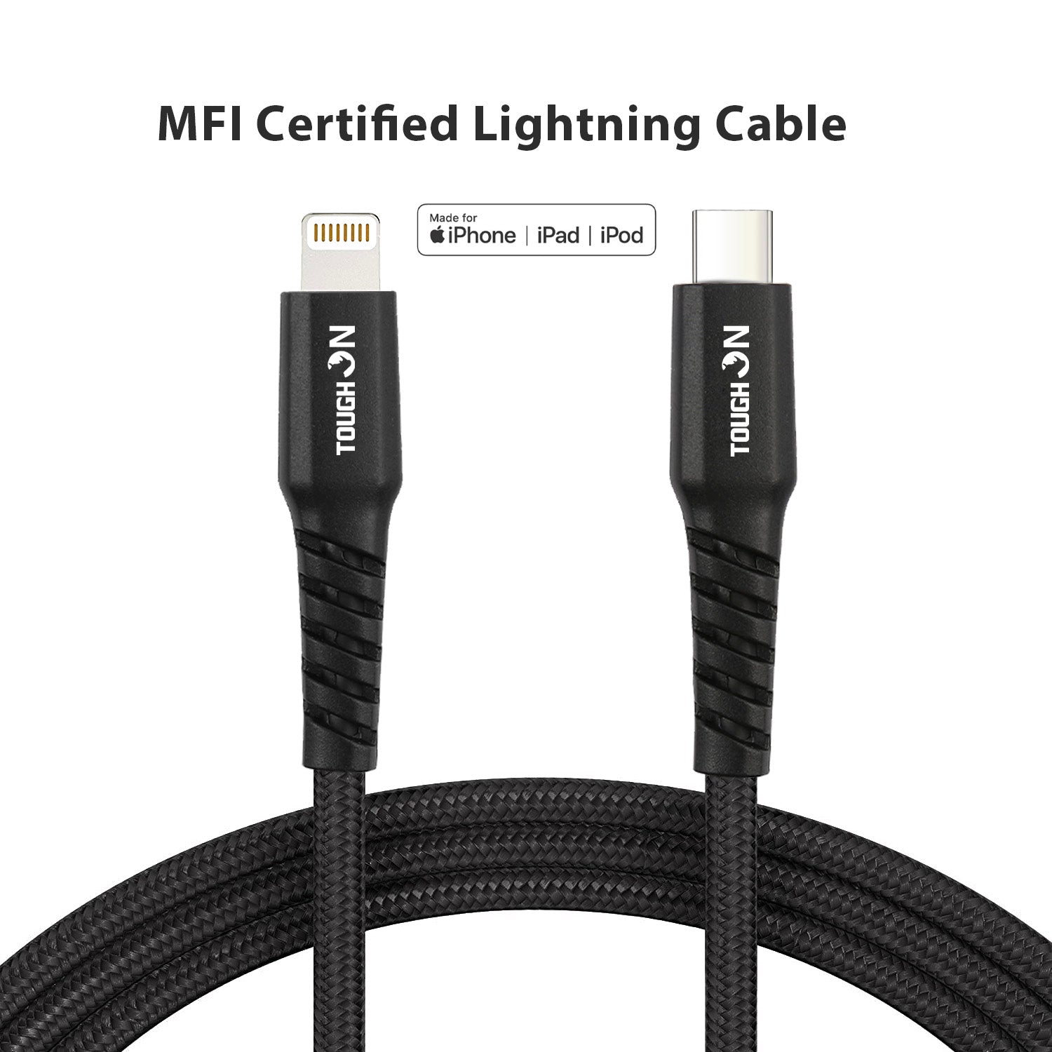 Tough on USB C to Lightning Cable 1m Black for iPhone & iPad Apple MFi Certified