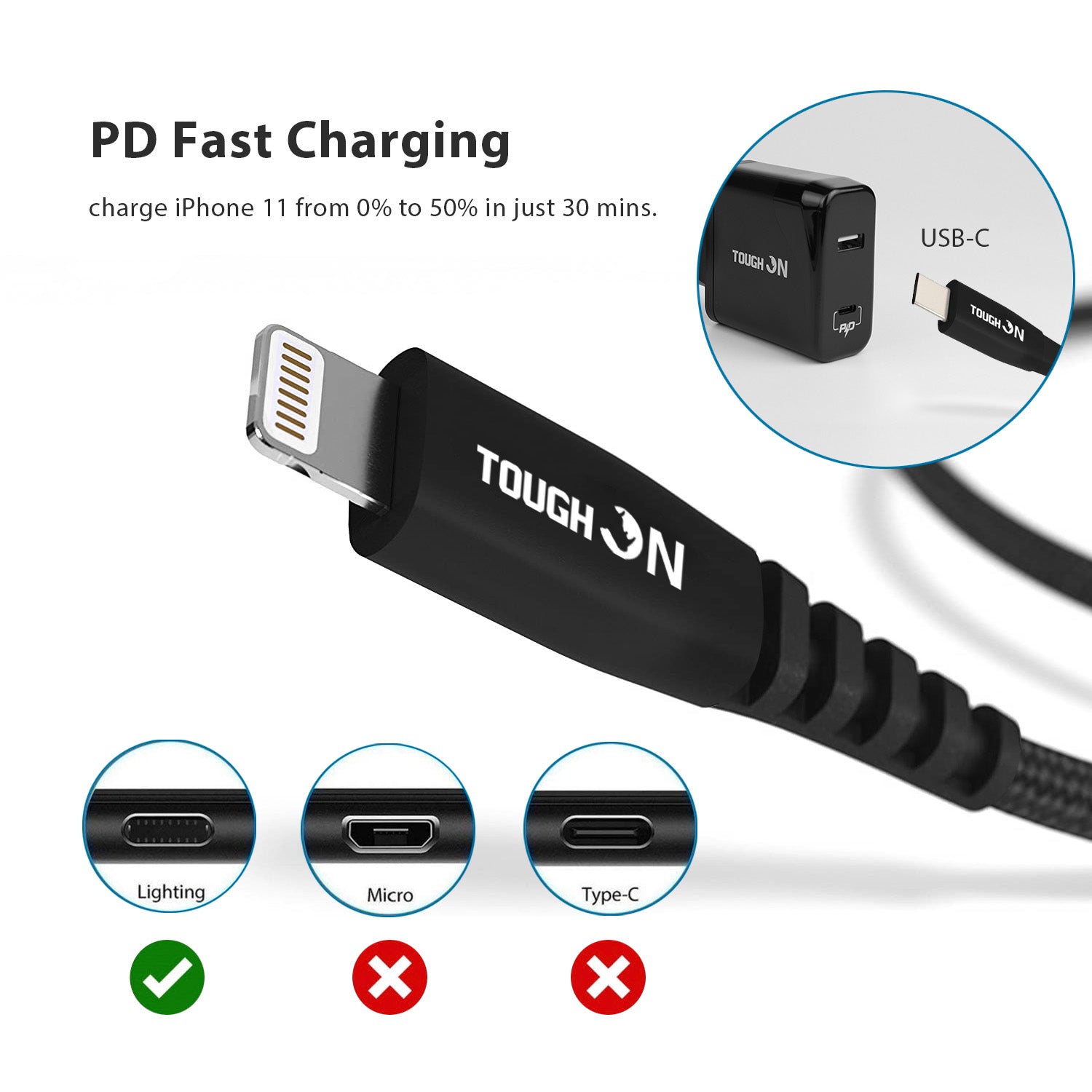 Tough on USB C to Lightning Cable 1m Black for iPhone & iPad Apple MFi Certified