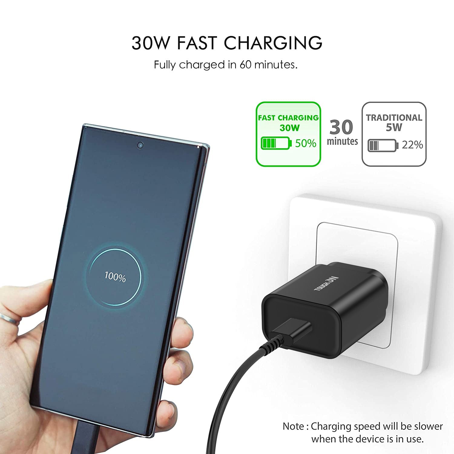 Tough On Wall Charger 30W USB C Fast Charge PD 3.0 Black