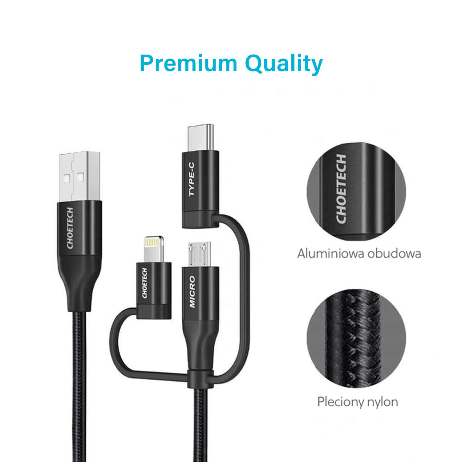 Choetech MFI Certified 3 in 1 Charging Cable Black