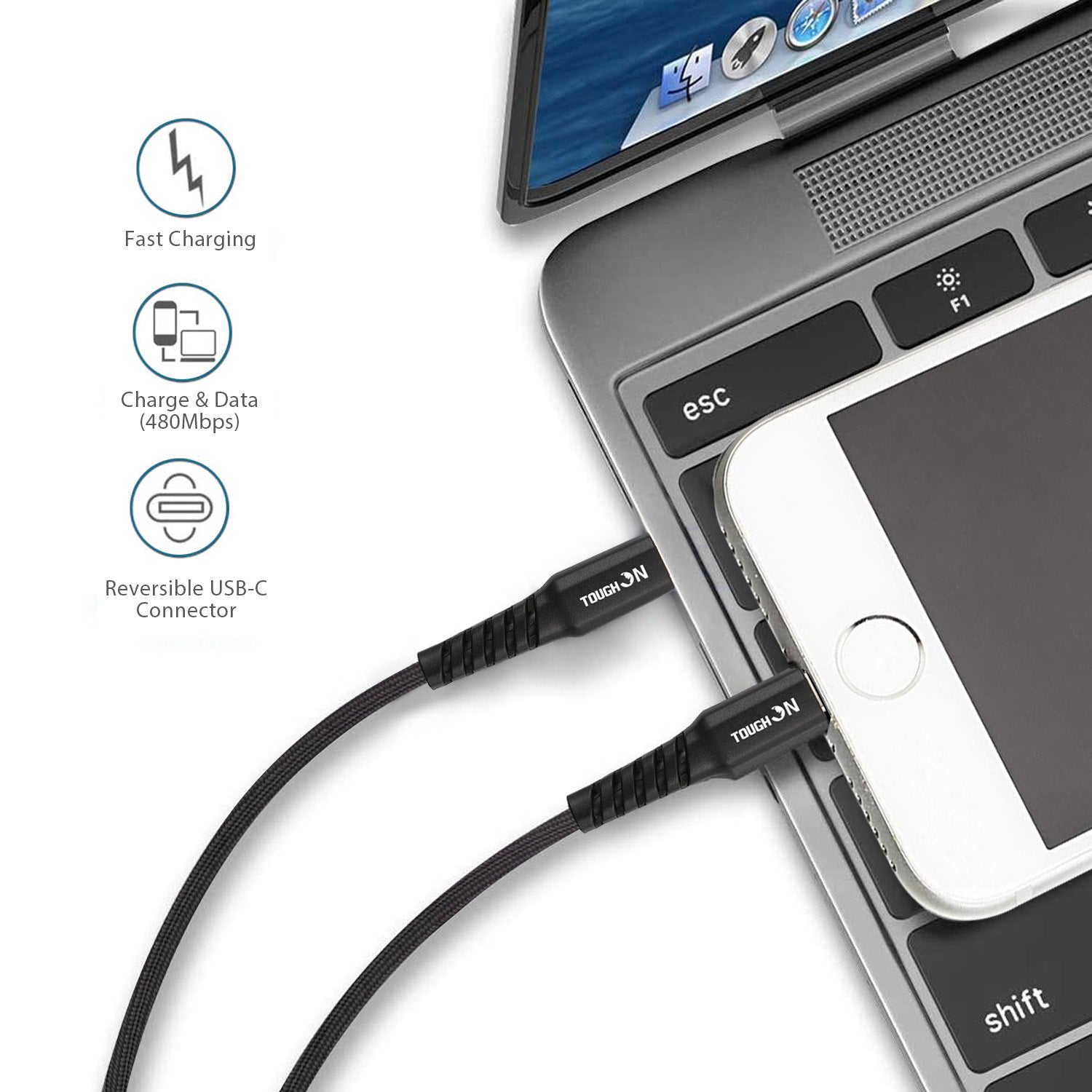 Tough on USB C to Lightning Cable 1m Black for iPhone & iPad Apple MFi Certified