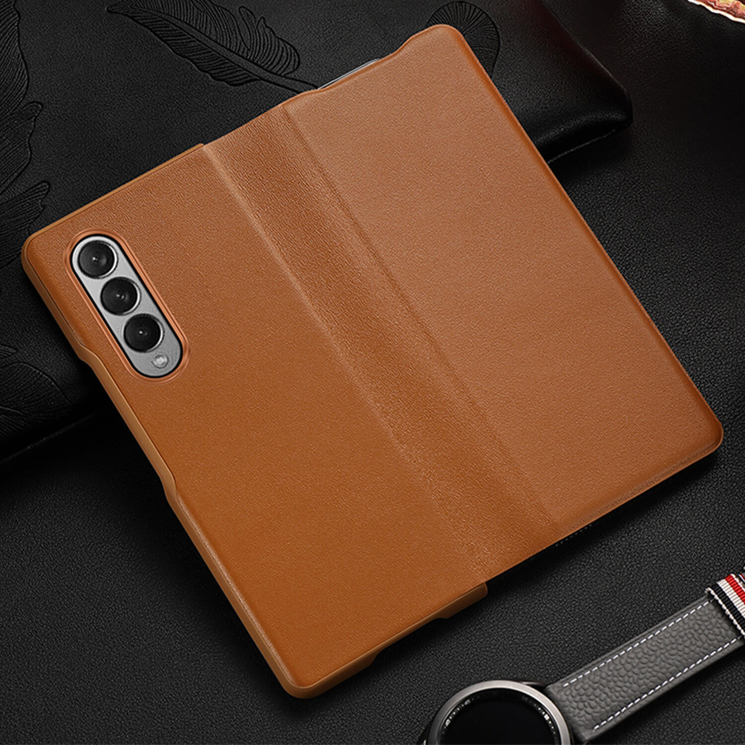 Tough On Samsung Galaxy Z Fold 3 Case Fine Leather Brown