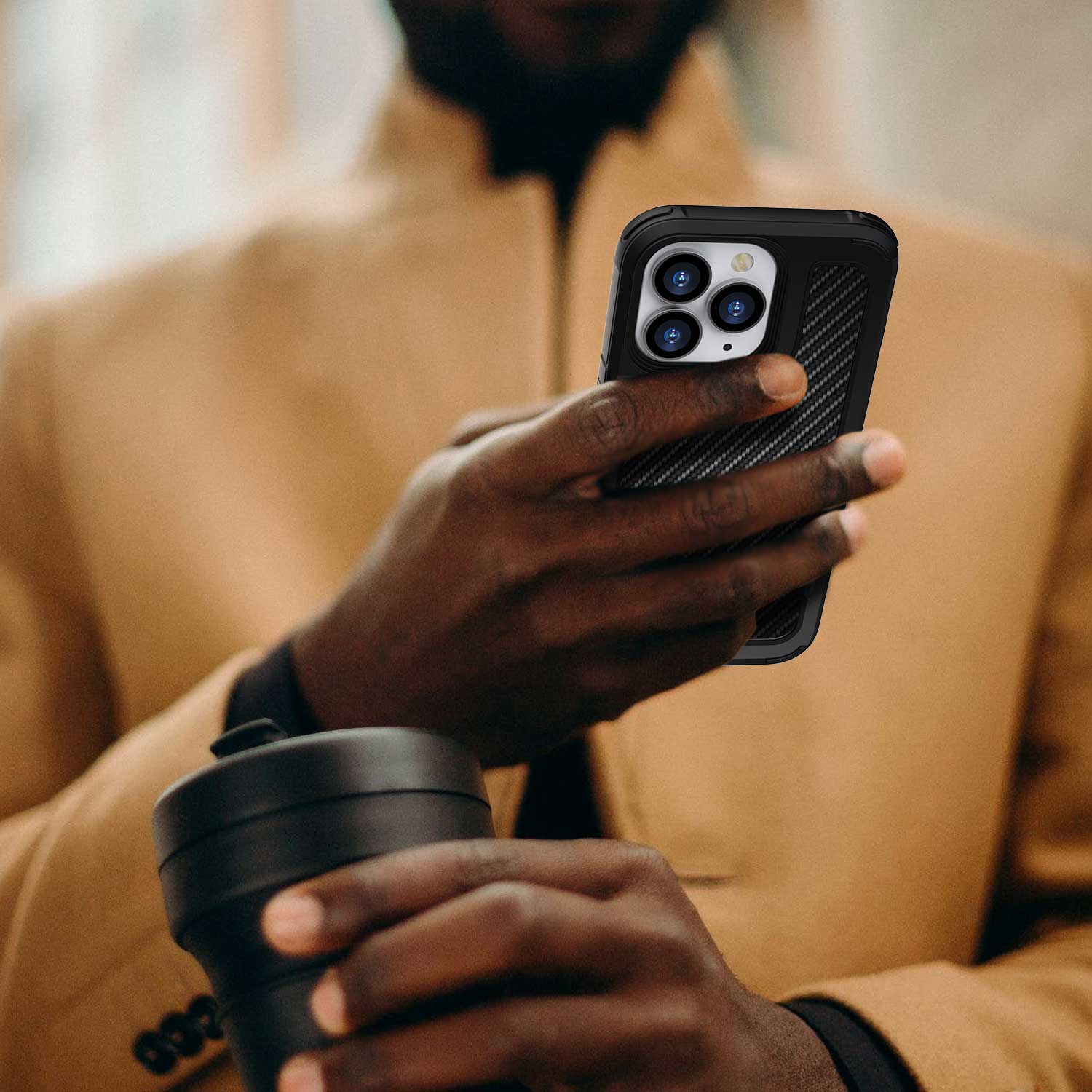 Tough On iPhone 13 Pro Max Case Iron Shield Carbon Fiber Black