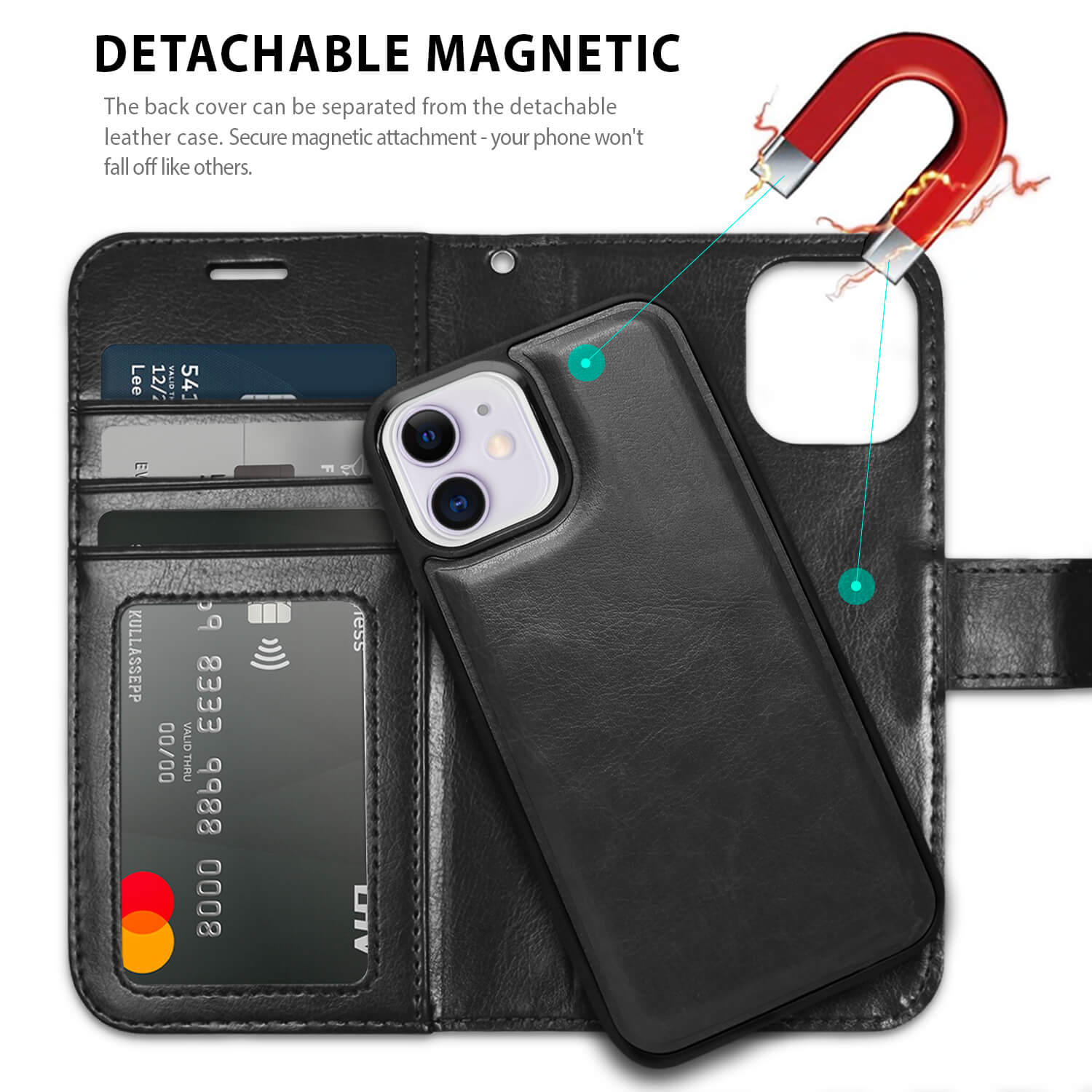 Tough On iPhone 11 Case Magnetic Fine Detachable Leather Black