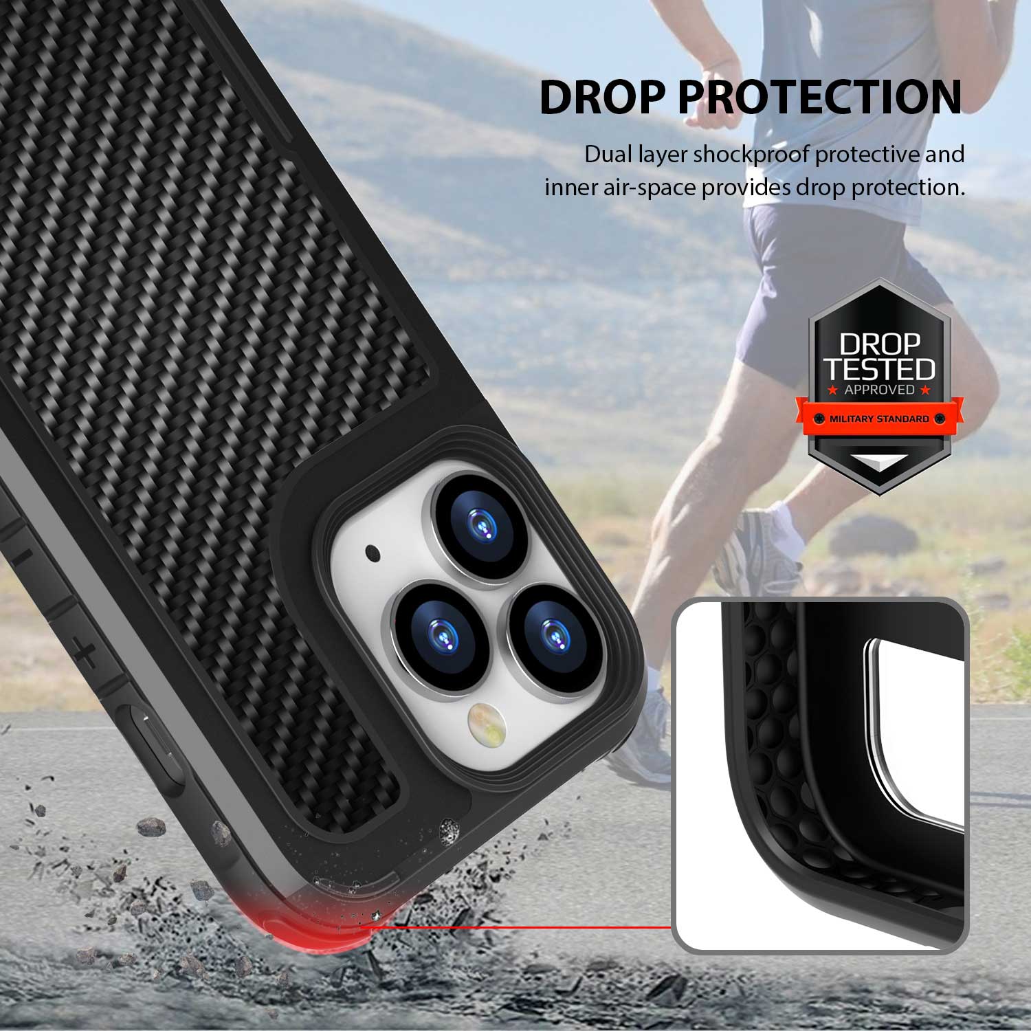 Tough On iPhone 13 Pro Max Case Iron Shield Carbon Fiber Black