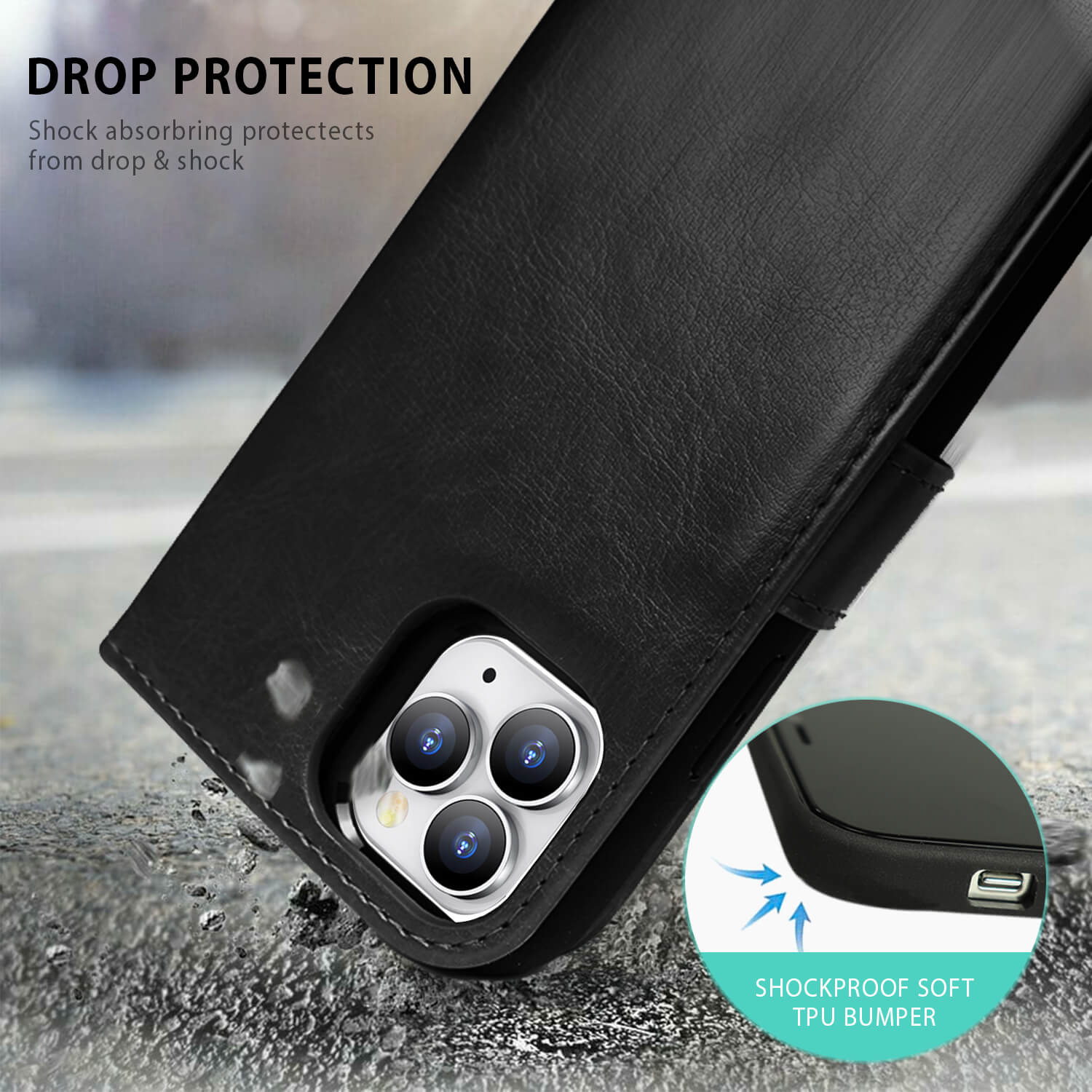 Tough On iPhone 13 Pro Max Case Magnetic Detachable Leather Black
