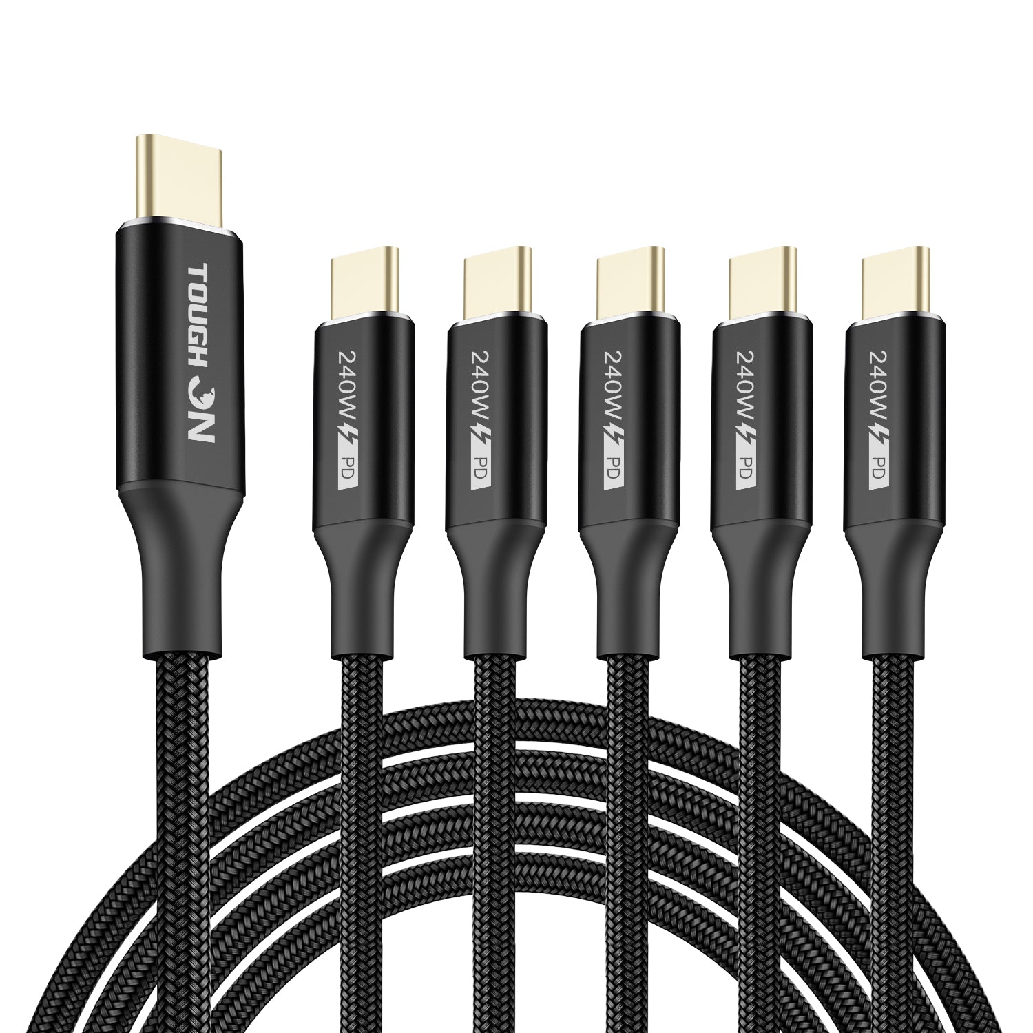 Tough On 240W USB-C Cable 5 Pack PD 3.1 Fast Charging Nylon Braided