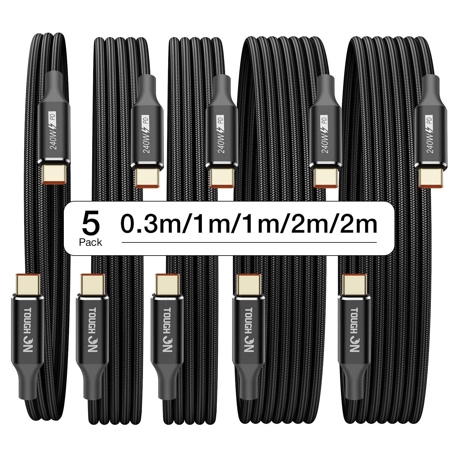 Tough On 240W USB-C Cable 5 Pack PD 3.1 Fast Charging Nylon Braided