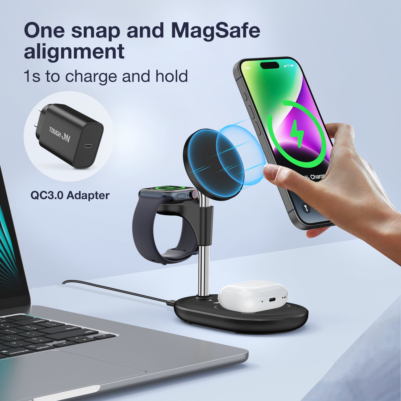 Tough On Magnetic 3 in 1 Wireless Charger for Apple MagSafe Charger