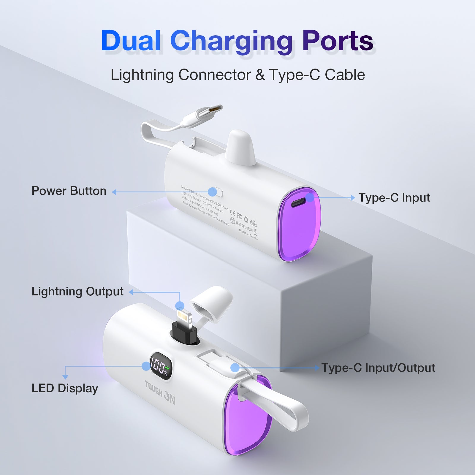 Tough On Small Portable Charger 5000mAh Mini Power Bank with Built-in Cable