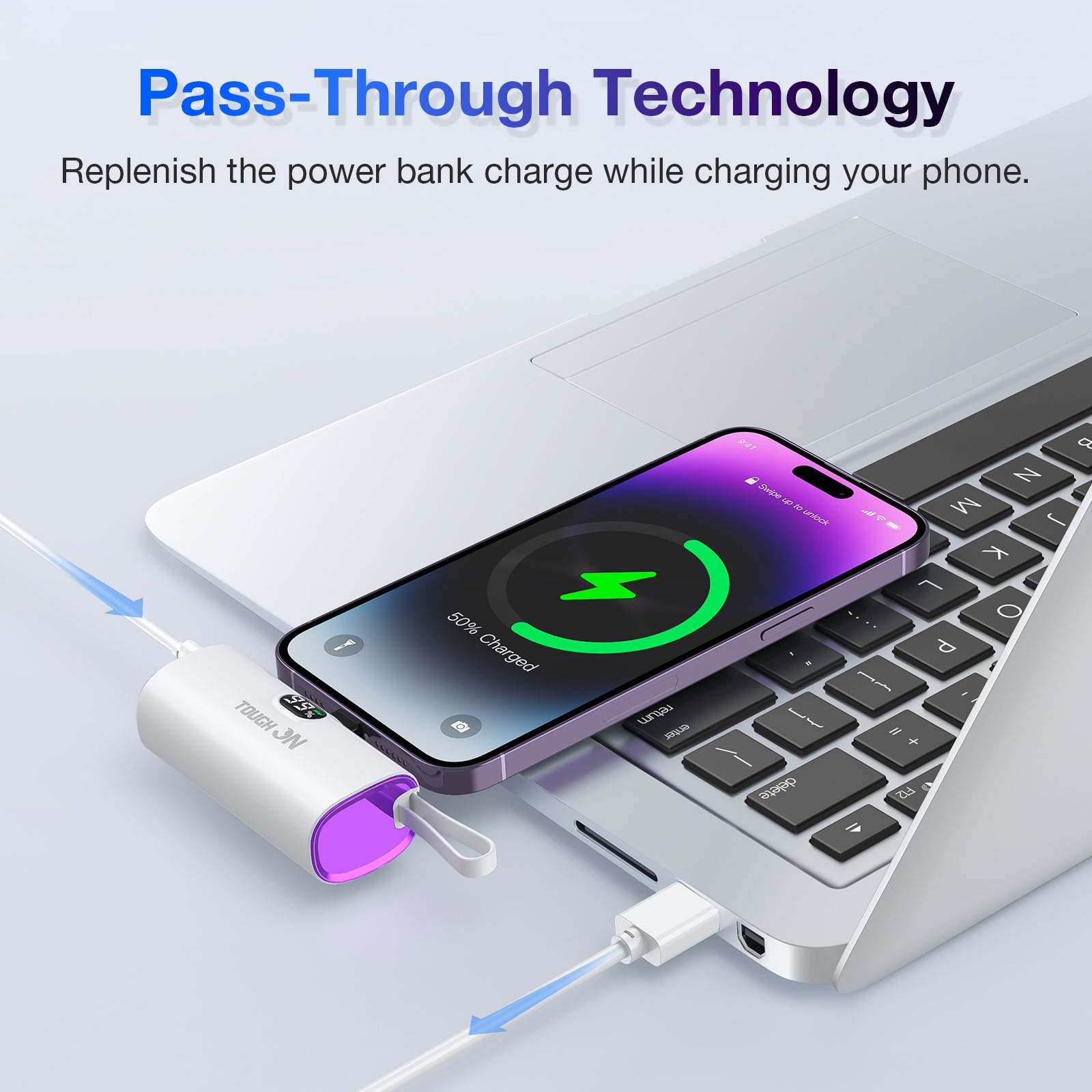 Tough On Small Portable Charger 5000mAh Mini Power Bank with Built-in Cable