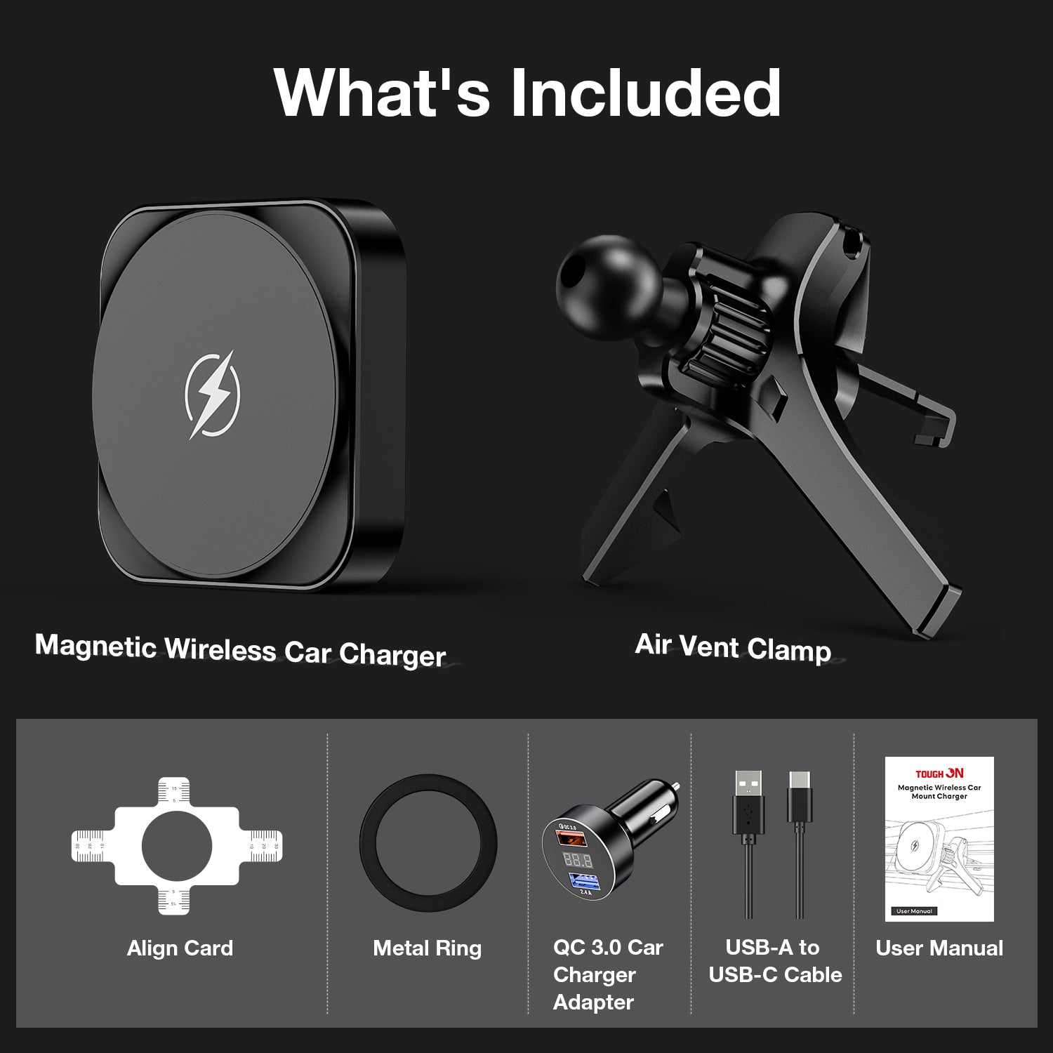 Tough On Magnetic Wireless Car Charger Mount with MagSafe and Car Charger